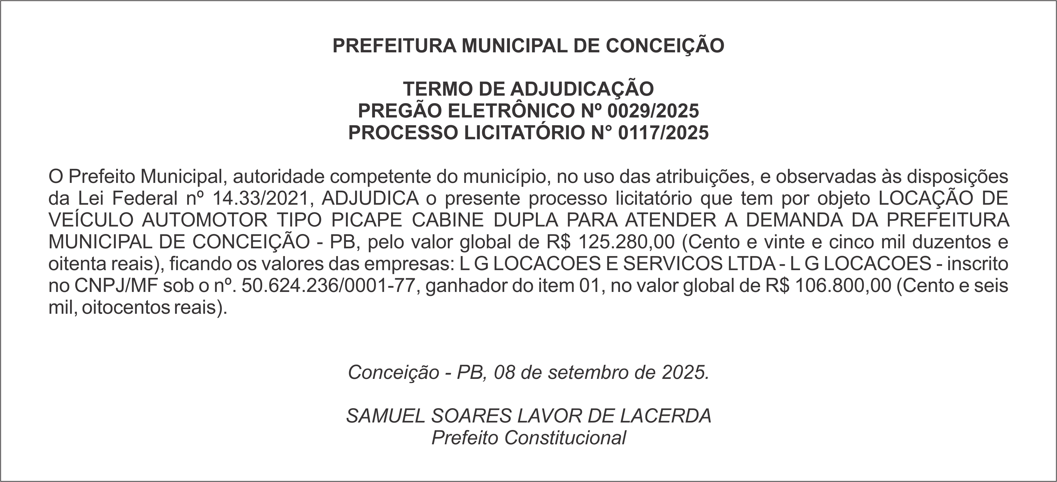 PREFEITURA MUNICIPAL DE CONCEIÇÃO – TERMO DE ADJUDICAÇÃO – PREGÃO ELETRÔNICO Nº 0029/2025