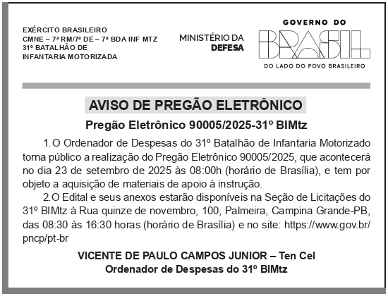 CMDO – 31o B INF MTZ – PB Campina Grande – Aviso de Licitação (Pregão Eletrônico 90005/2025-31o BIMtz)