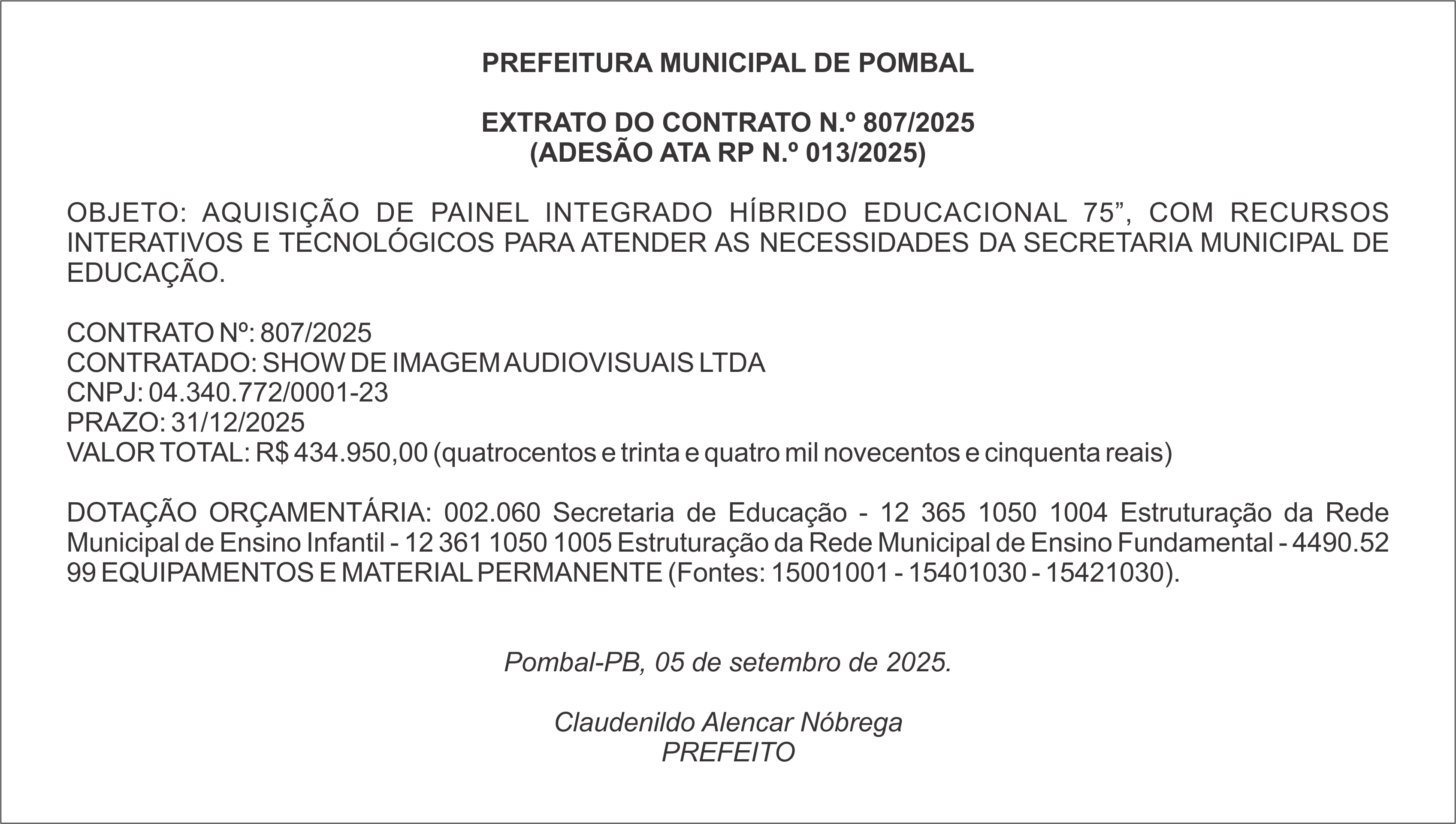 PREFEITURA MUNICIPAL DE POMBAL – EXTRATO DO CONTRATO N.º 807/2025 (ADESÃO ATA RP N.º 013/2025)
