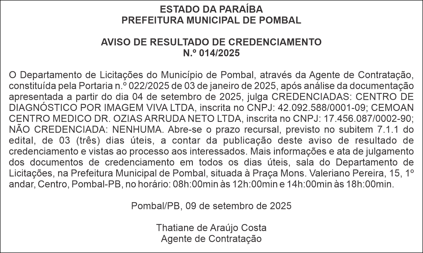 PREFEITURA MUNICIPAL DE POMBAL – AVISO DE RESULTADO DE CREDENCIAMENTO N.º 014/2025