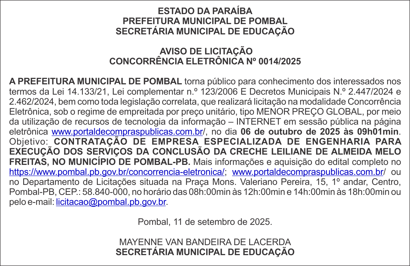 PREFEITURA MUNICIPAL DE POMBAL – AVISO DE LICITAÇÃO – CONCORRÊNCIA ELETRÔNICA Nº 0014/2025
