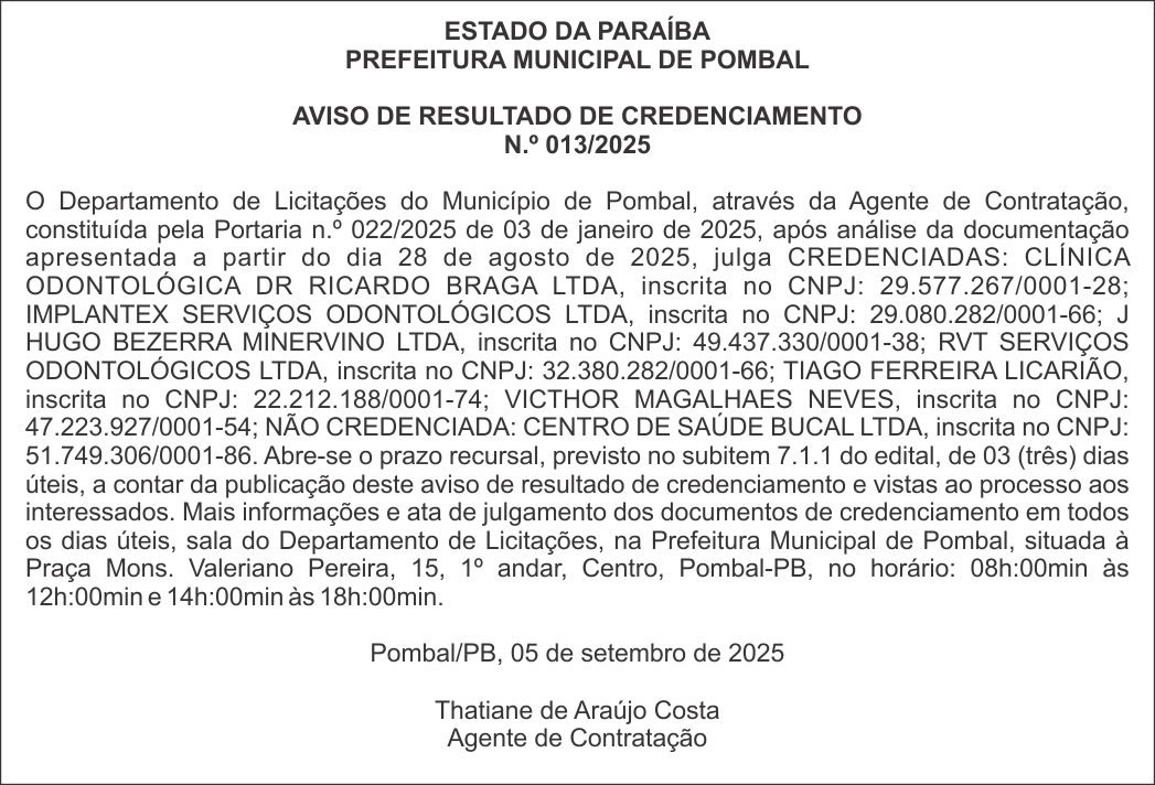 PREFEITURA MUNICIPAL DE POMBAL – AVISO DE RESULTADO DE CREDENCIAMENTO N.º 013/2025