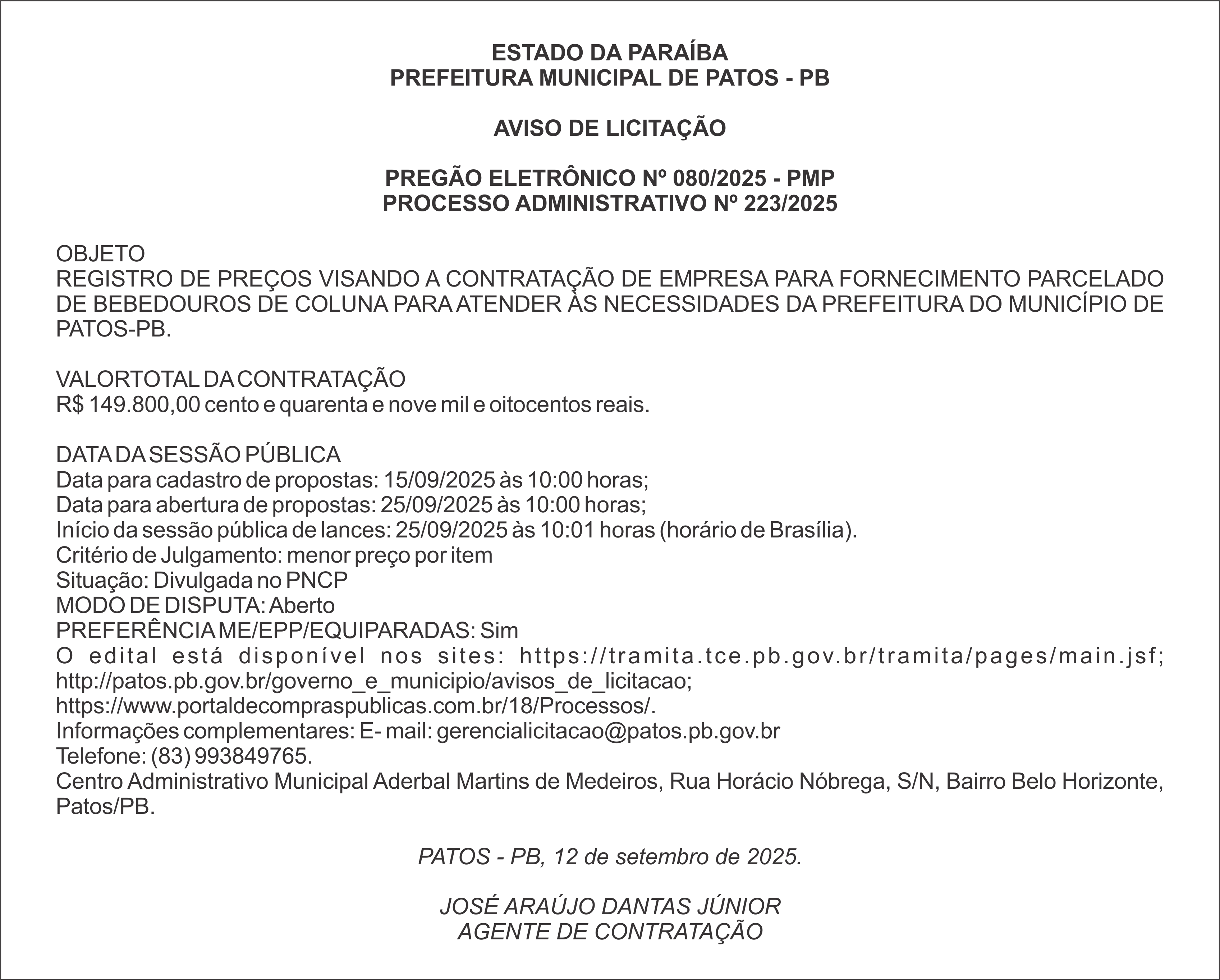 PREFEITURA MUNICIPAL DE PATOS – PB – PREGÃO ELETRÔNICO Nº 080/2025 – PMP