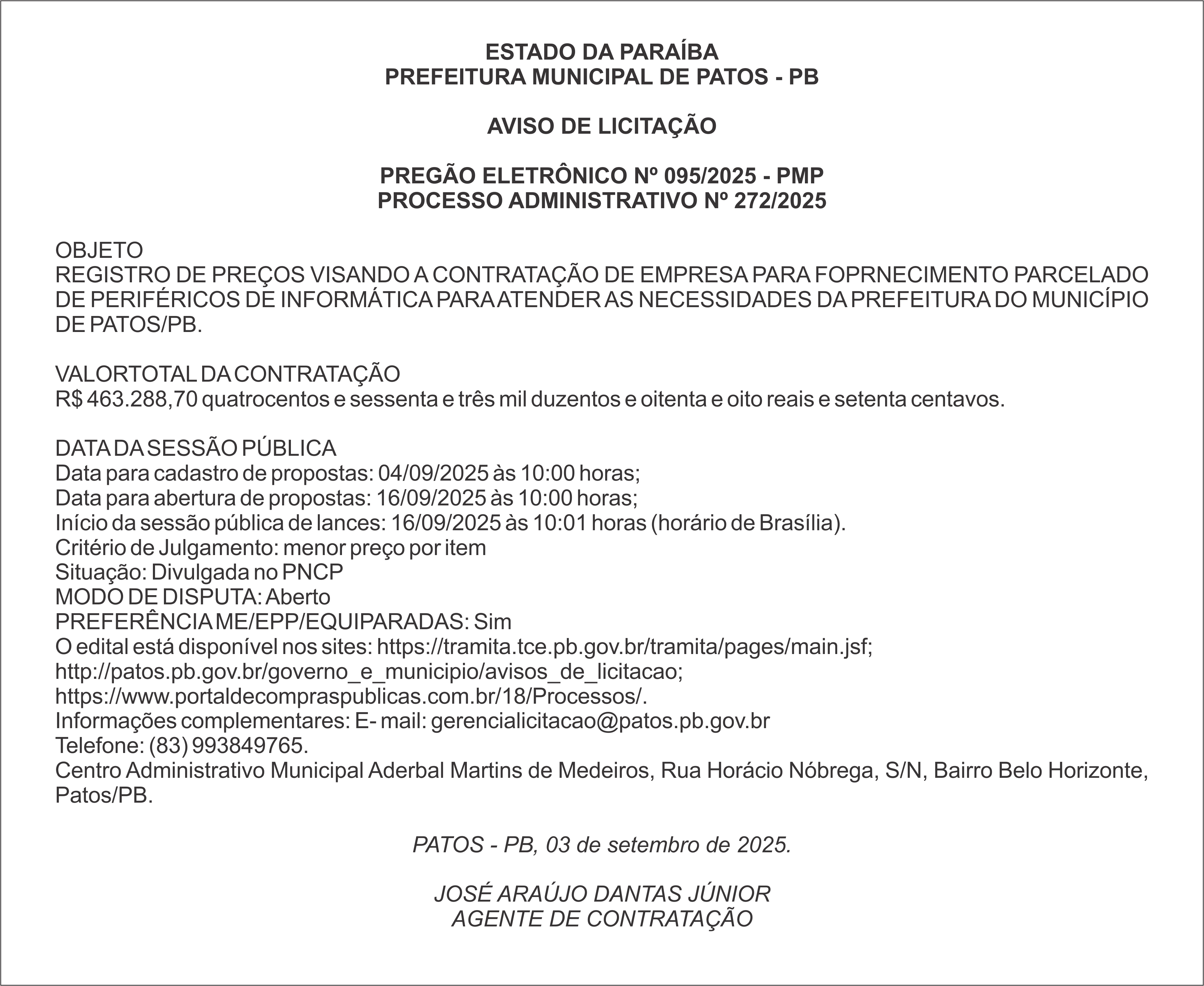 PREFEITURA MUNICIPAL DE PATOS – PB – PREGÃO ELETRÔNICO Nº 095/2025 – PMP