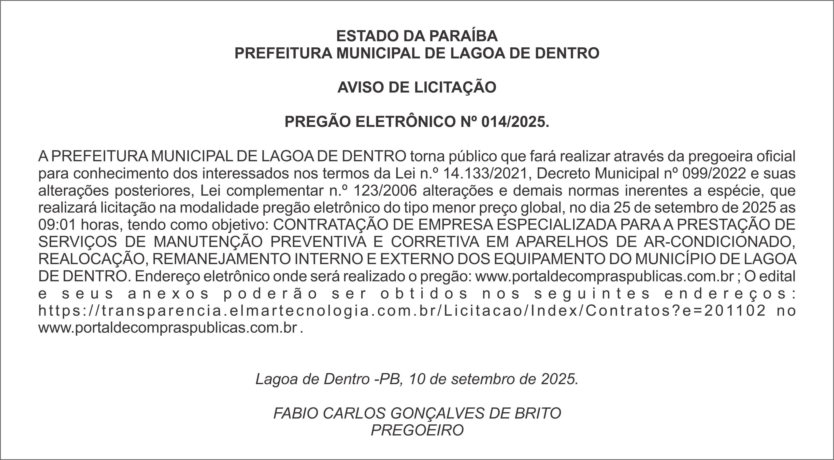 PREFEITURA MUNICIPAL DE LAGOA DE DENTRO – AVISO DE LICITAÇÃO – PREGÃO ELETRÔNICO Nº 014/2025