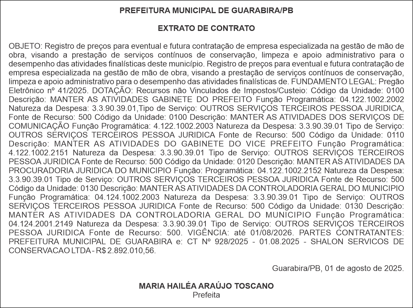 PREFEITURA MUNICIPAL DE GUARABIRA/PB – EXTRATO DE CONTRATO