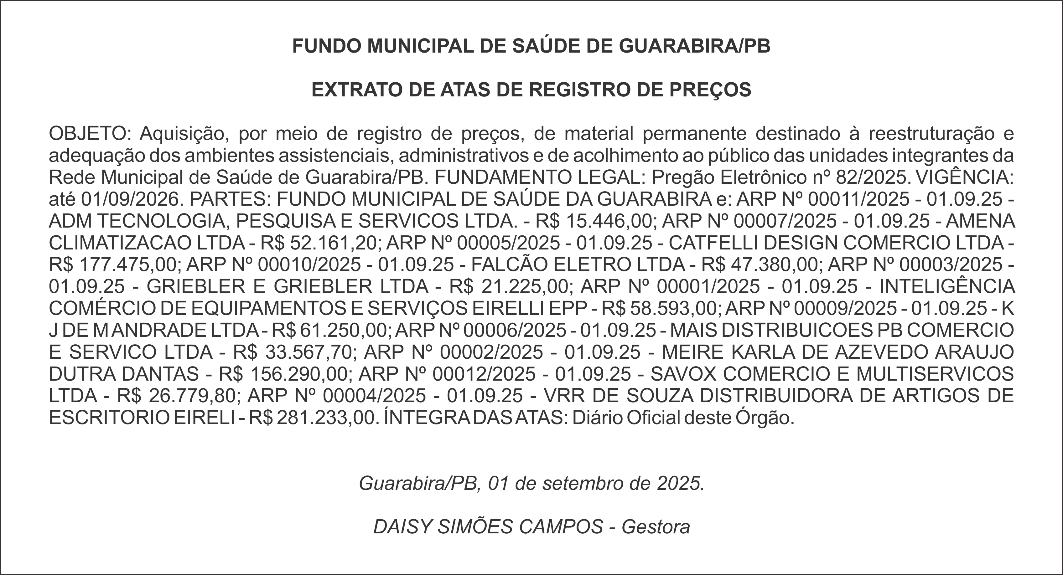 FUNDO MUNICIPAL DE SAÚDE DE GUARABIRA/PB – EXTRATO DE ATAS DE REGISTRO DE PREÇOS