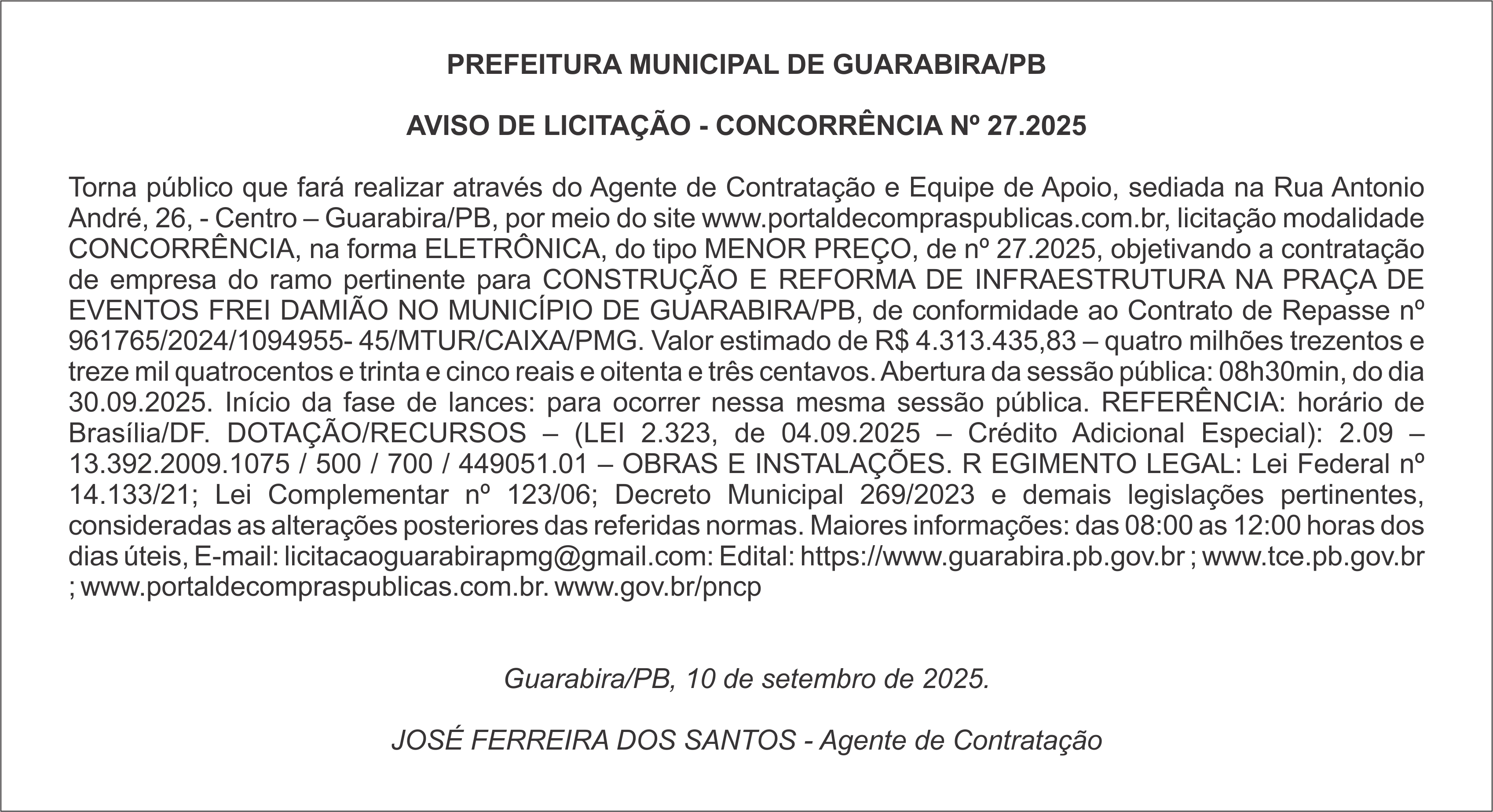 PREFEITURA MUNICIPAL DE GUARABIRA/PB – AVISO DE LICITAÇÃO – CONCORRÊNCIA Nº 27.2025