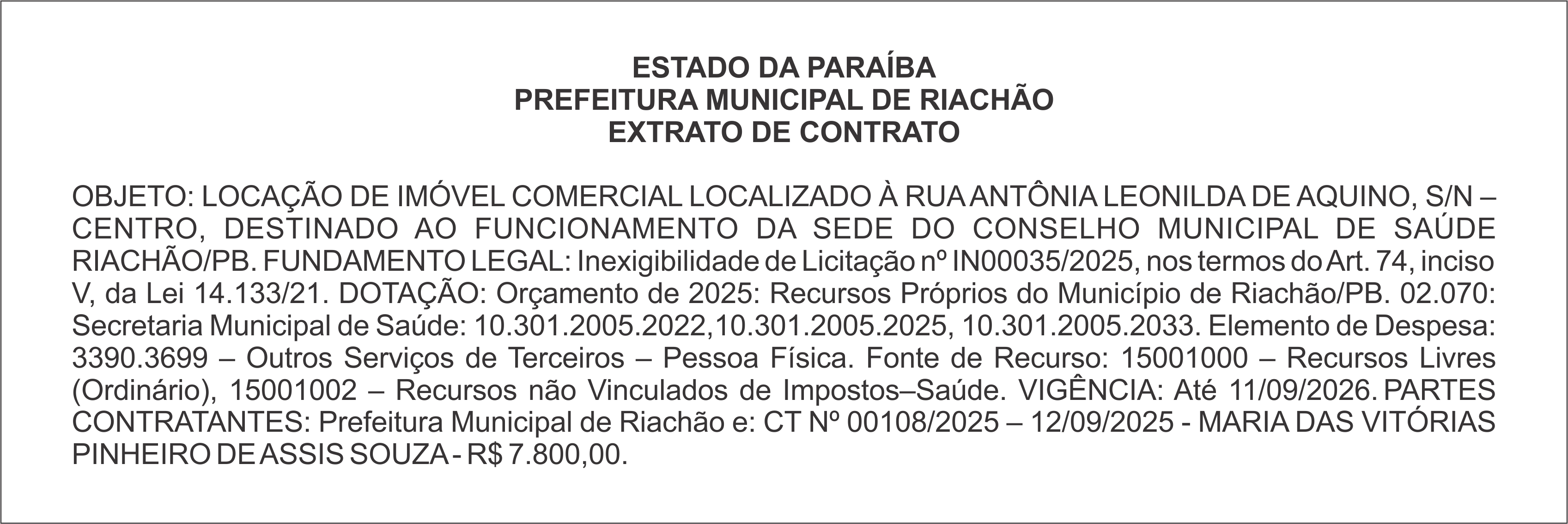 PREFEITURA MUNICIPAL DE RIACHÃO – EXTRATO DE CONTRATO