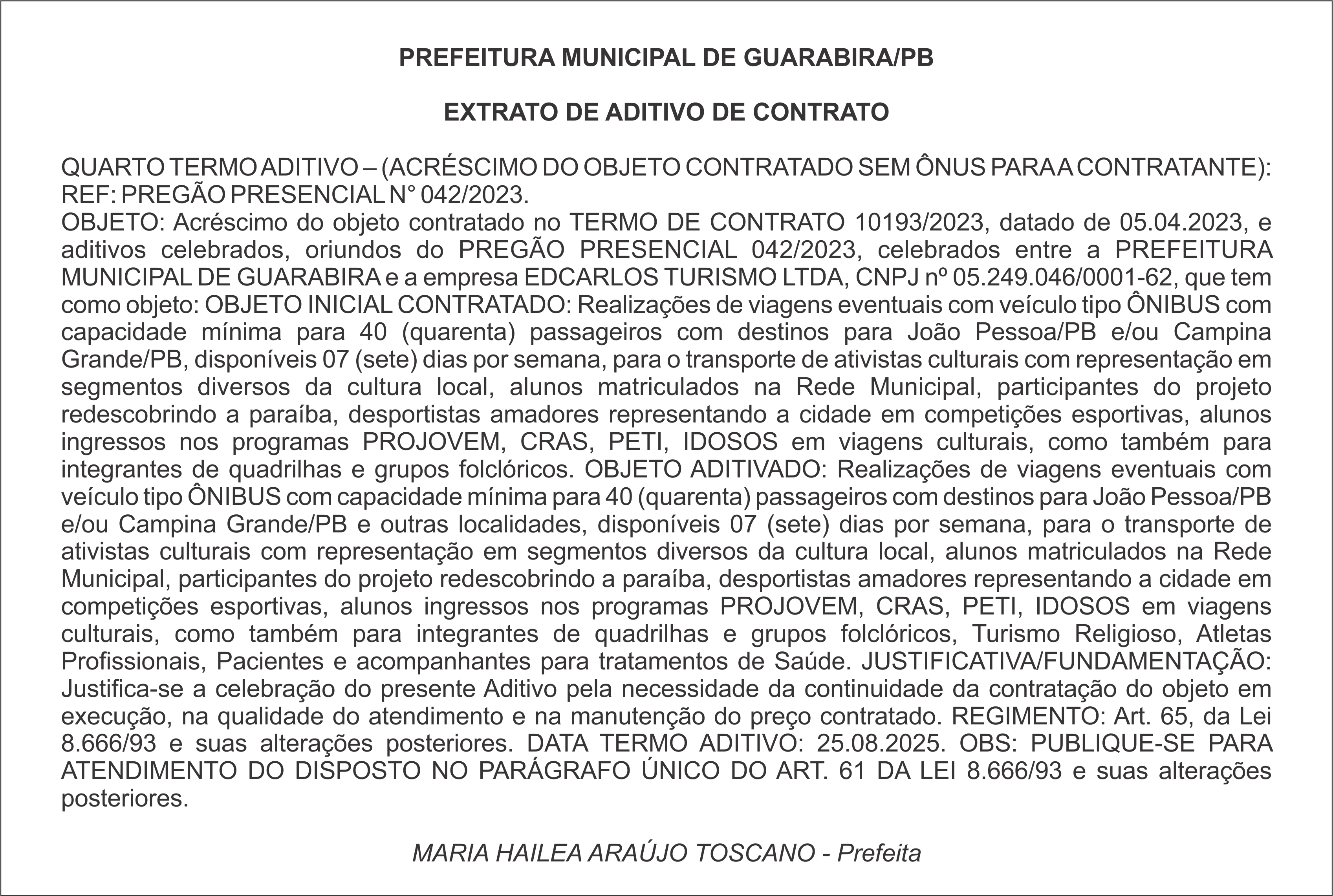 PREFEITURA MUNICIPAL DE GUARABIRA/PB – EXTRATO DE ADITIVO DE CONTRATO