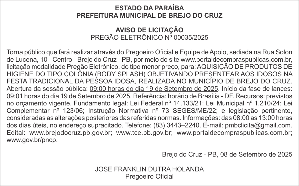 PREFEITURA MUNICIPAL DE BREJO DO CRUZ – AVISO DE LICITAÇÃO – PREGÃO ELETRÔNICO Nº 00035/2025