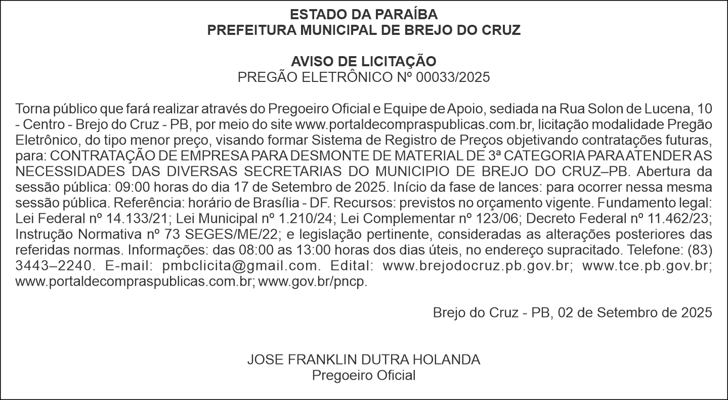PREFEITURA MUNICIPAL DE BREJO DO CRUZ – AVISO DE LICITAÇÃO – PREGÃO ELETRÔNICO Nº 00033/2025
