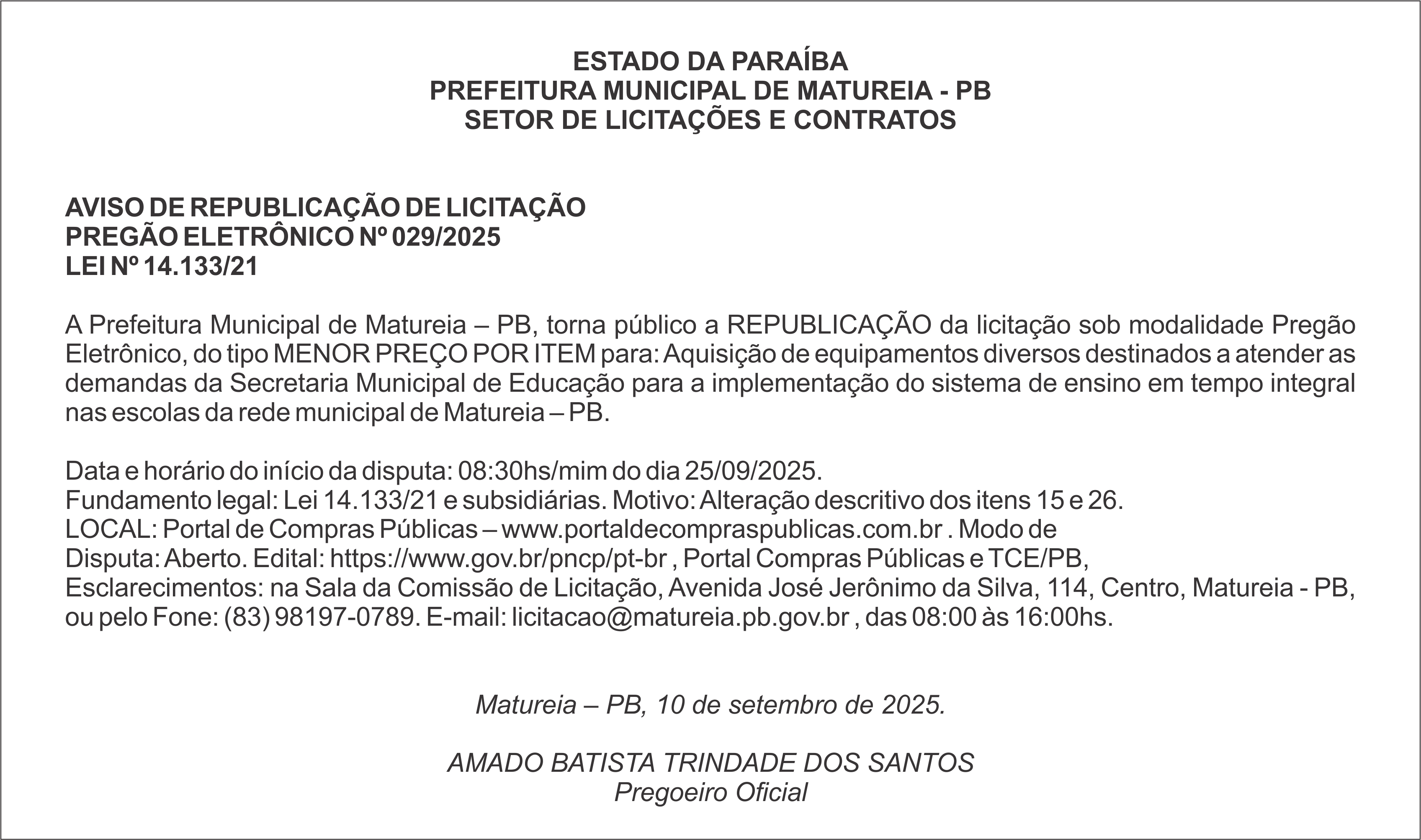 PREFEITURA MUNICIPAL DE MATUREIA – PB – AVISO DE REPUBLICAÇÃO DE LICITAÇÃO – PREGÃO ELETRÔNICO Nº 029/2025