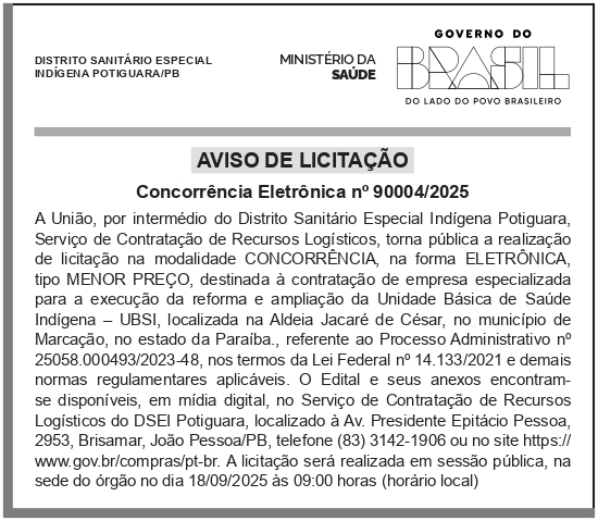 DSEI – PB – POTIGUARA – Aviso de Licitação – CONCORRÊNCIA 90004/2025