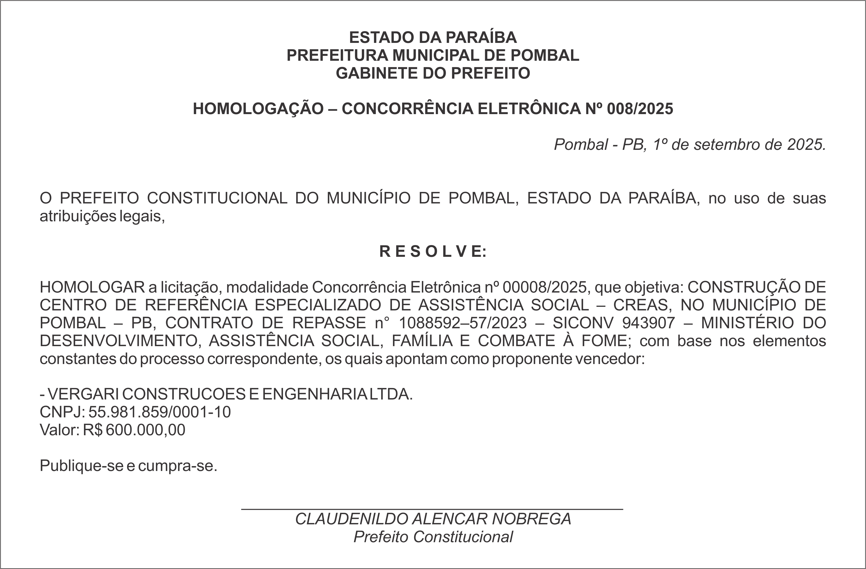 PREFEITURA MUNICIPAL DE POMBAL – HOMOLOGAÇÃO – CONCORRÊNCIA ELETRÔNICA Nº 008/2025