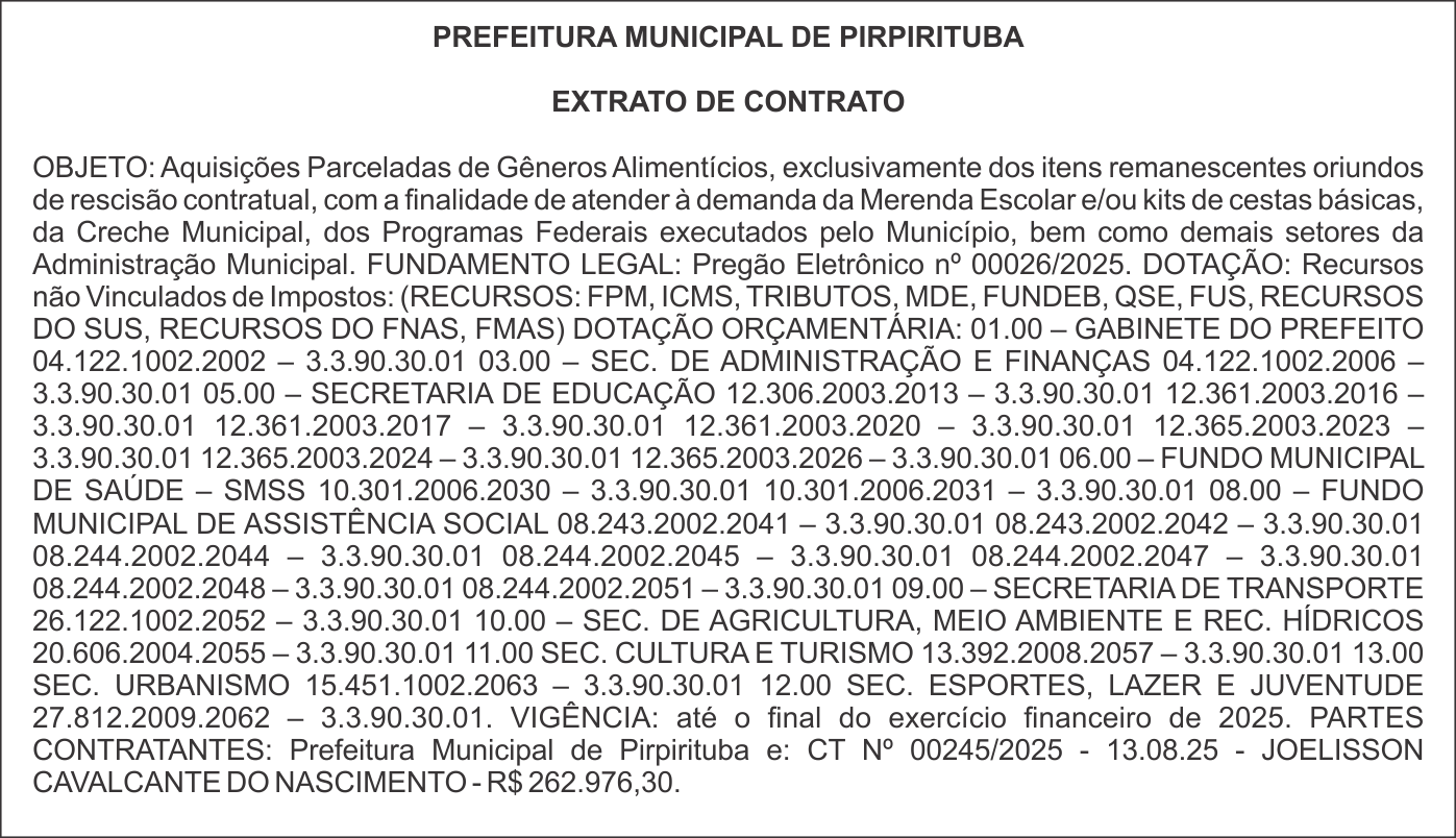 PREFEITURA MUNICIPAL DE PIRPIRITUBA – EXTRATO DE CONTRATO