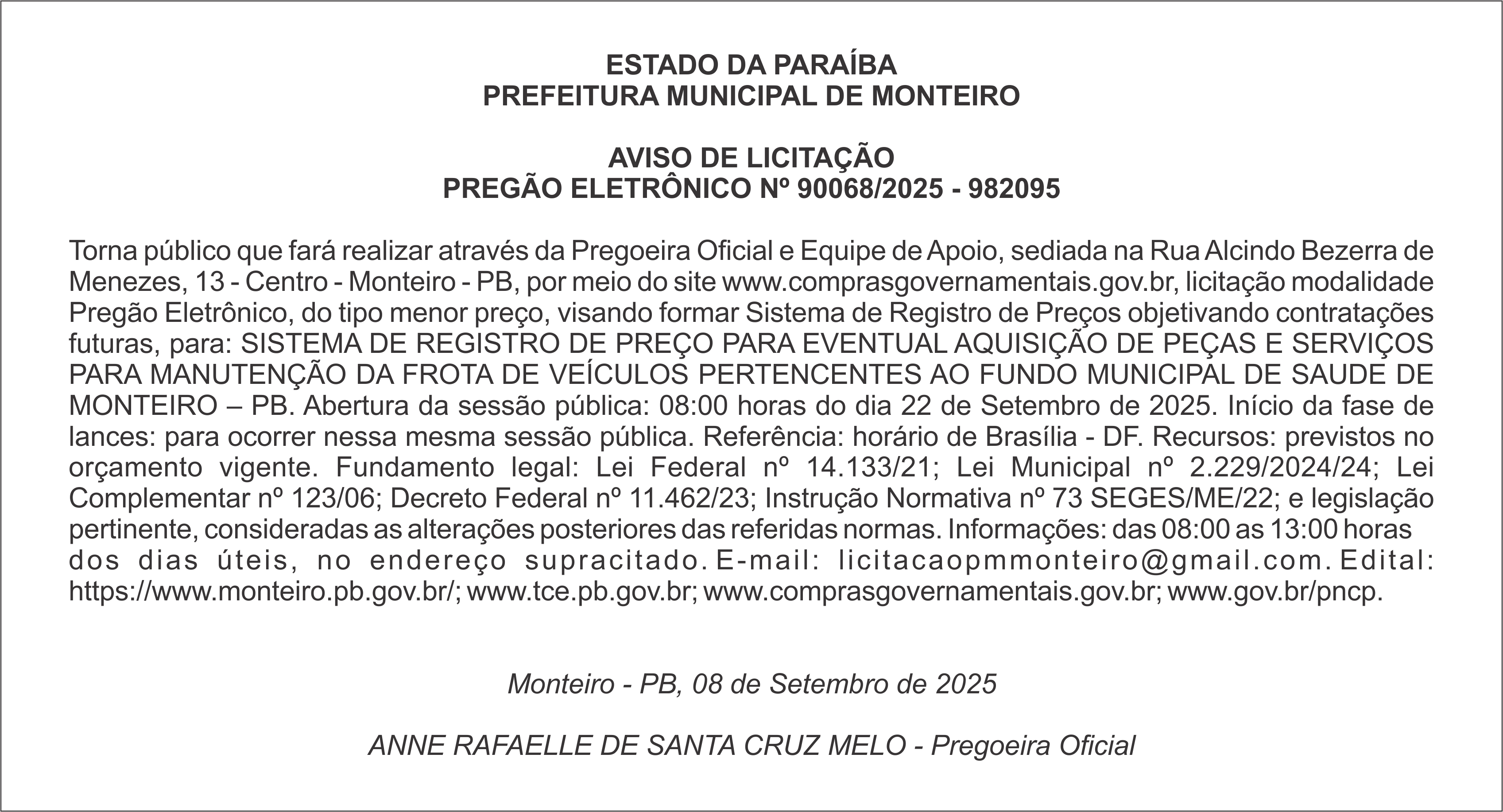 PREFEITURA MUNICIPAL DE MONTEIRO – AVISO DE LICITAÇÃO – PREGÃO ELETRÔNICO Nº 90068/2025 – 982095