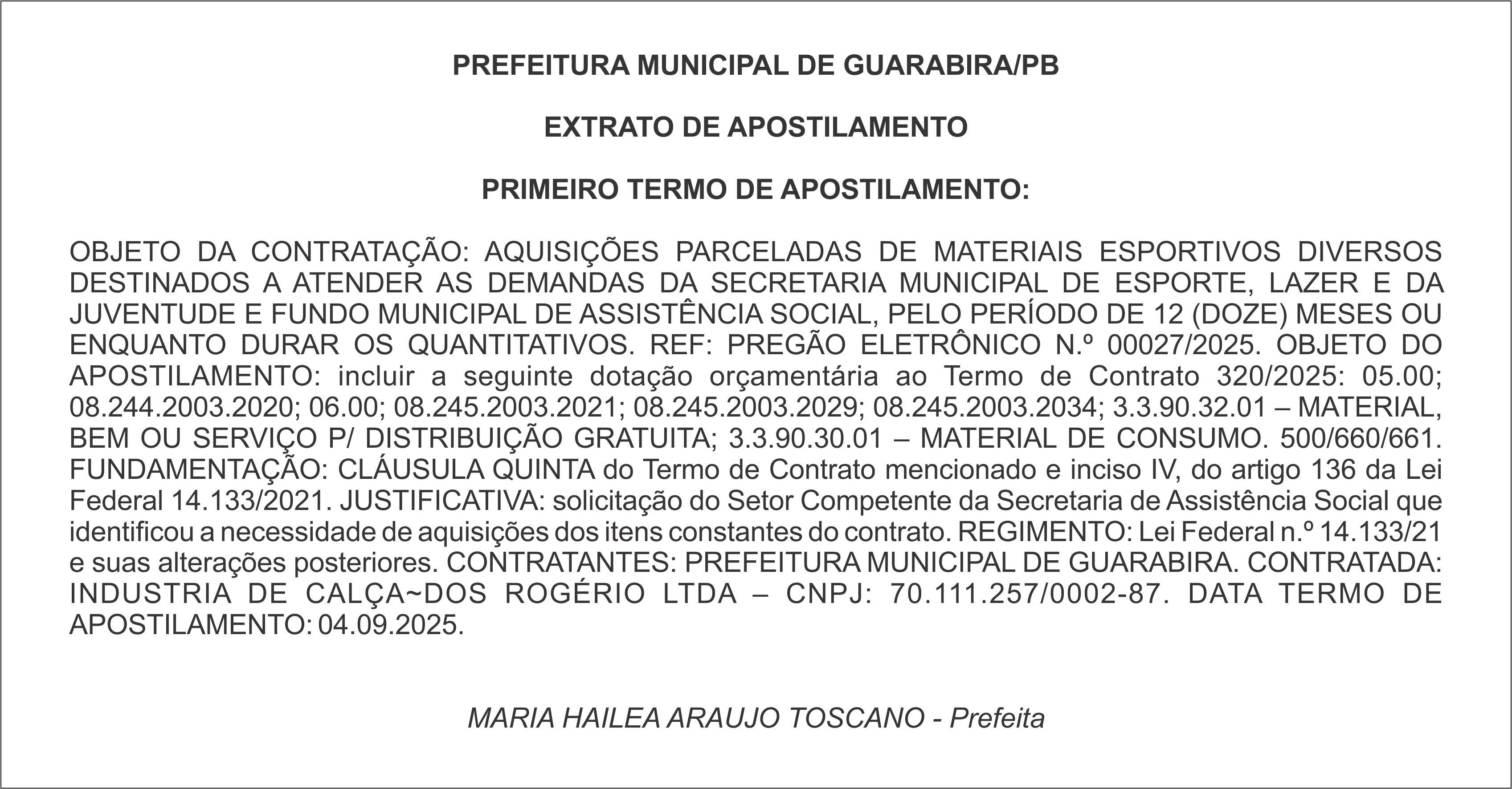 PREFEITURA MUNICIPAL DE GUARABIRA/PB – EXTRATO DE APOSTILAMENTO