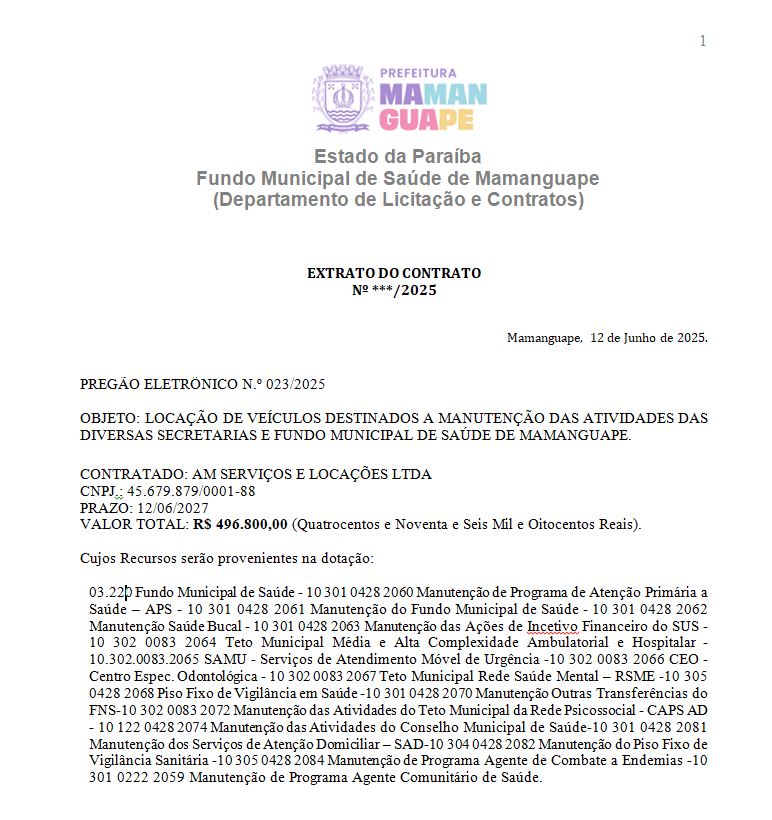 Fundo Municipal de Saúde de Mamanguape – EXTRATO DO CONTRATO Nº ***/2025