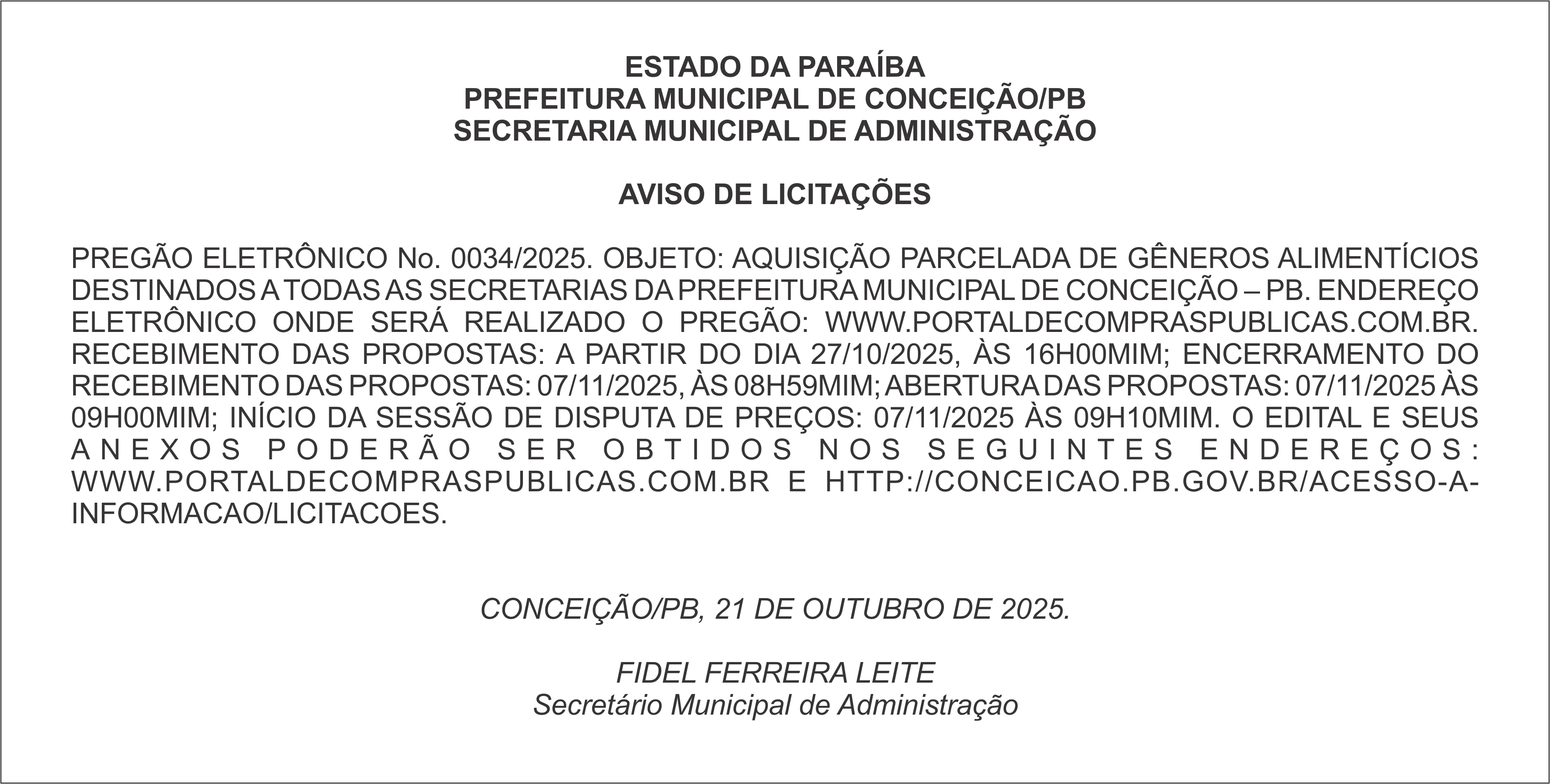 PREFEITURA MUNICIPAL DE CONCEIÇÃO/PB – AVISO DE LICITAÇÕES – PREGÃO ELETRÔNICO No. 0034/2025