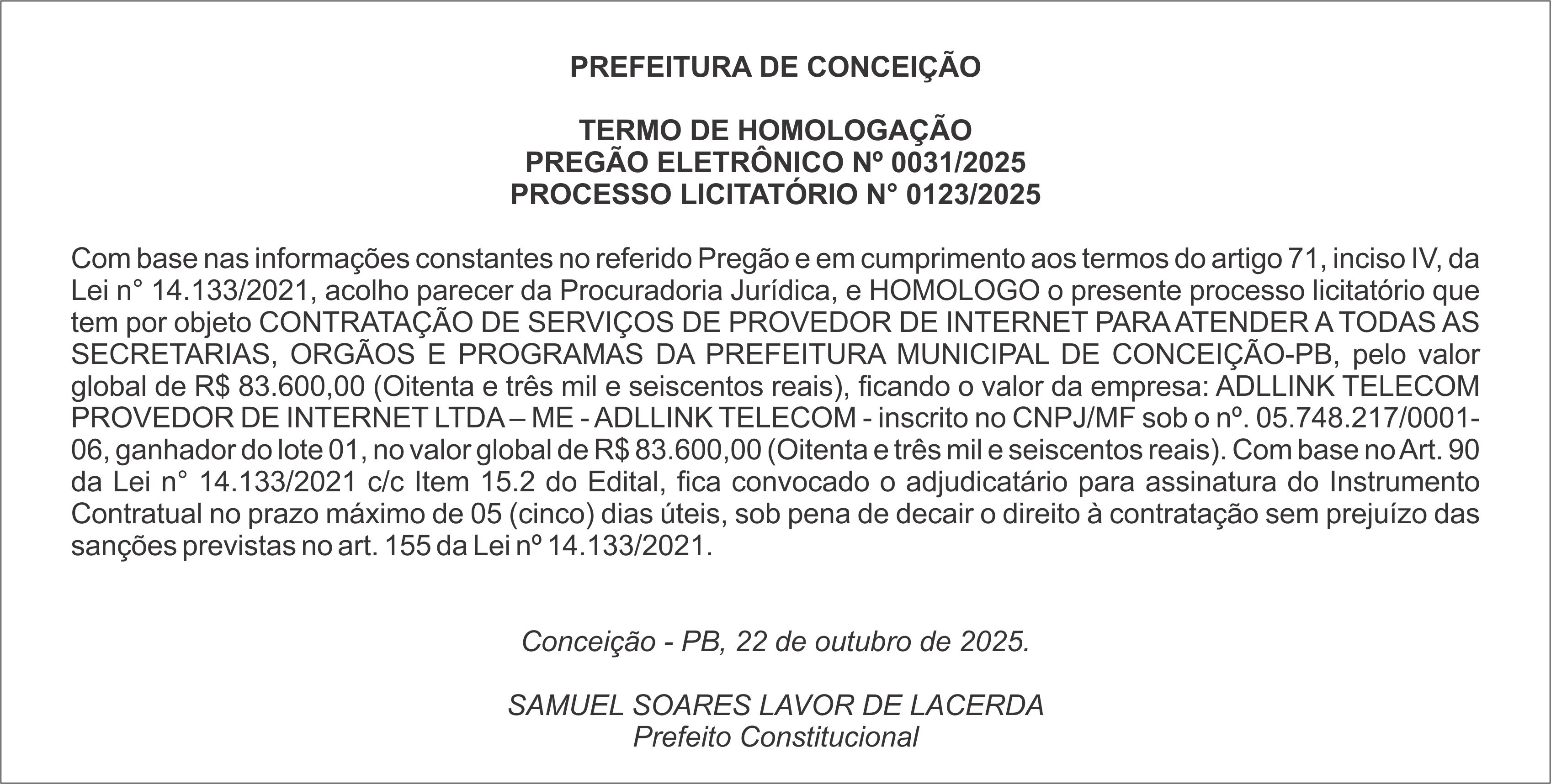 PREFEITURA MUNICIPAL DE CONCEIÇÃO/PB – TERMO DE HOMOLOGAÇÃO – PREGÃO ELETRÔNICO Nº 0031/2025