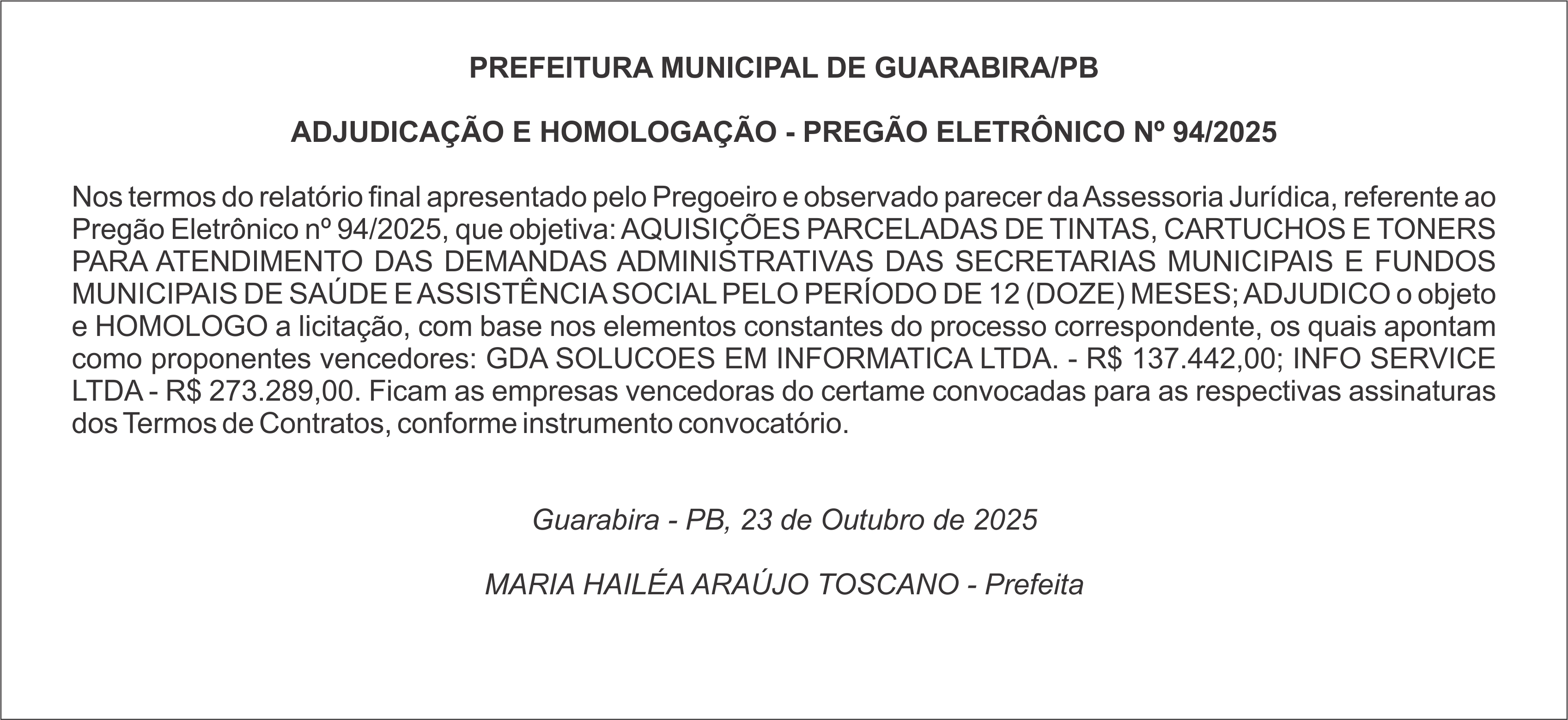 PREFEITURA MUNICIPAL DE GUARABIRA/PB – ADJUDICAÇÃO E HOMOLOGAÇÃO – PREGÃO ELETRÔNICO Nº 94/2025