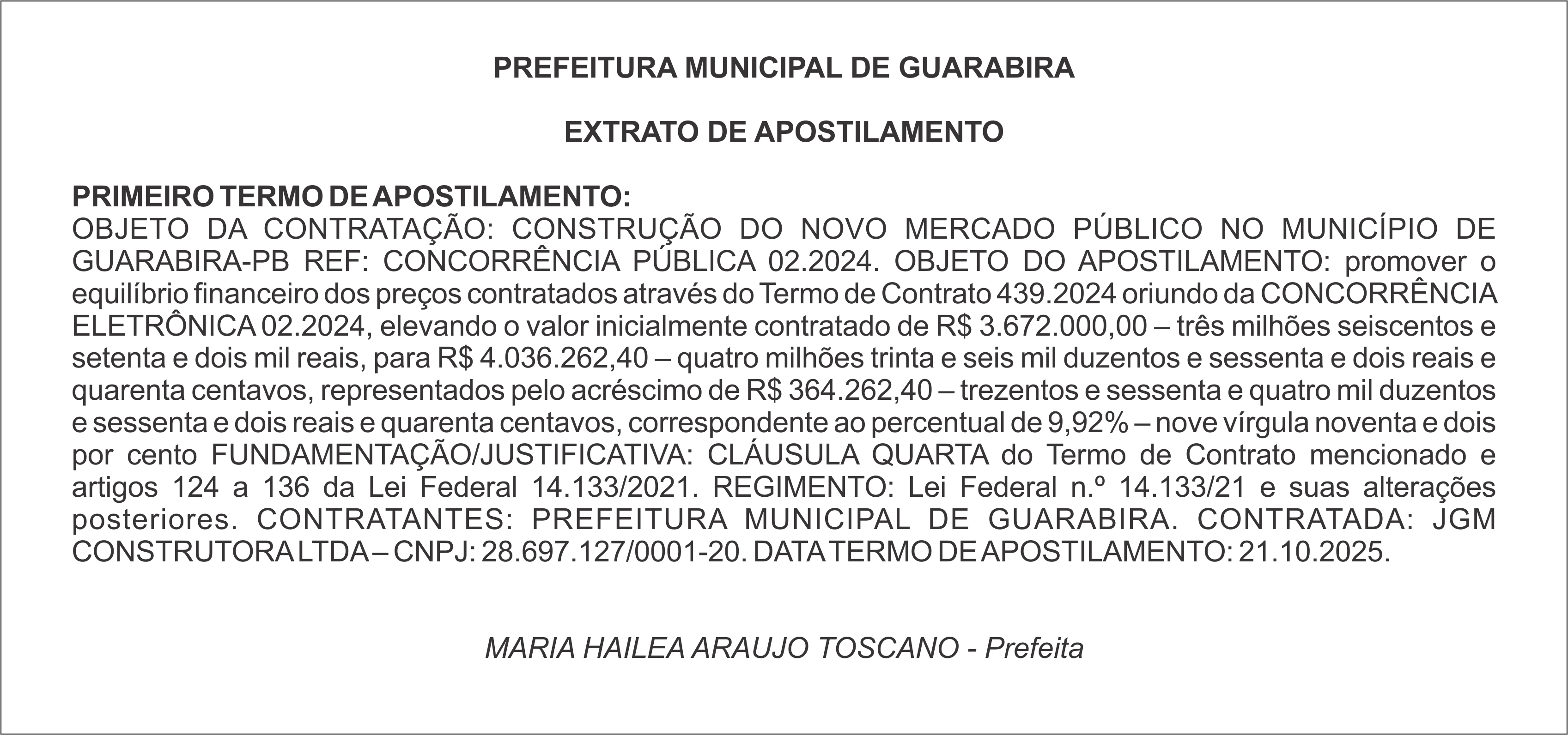 PREFEITURA MUNICIPAL DE GUARABIRA – EXTRATO DE APOSTILAMENTO