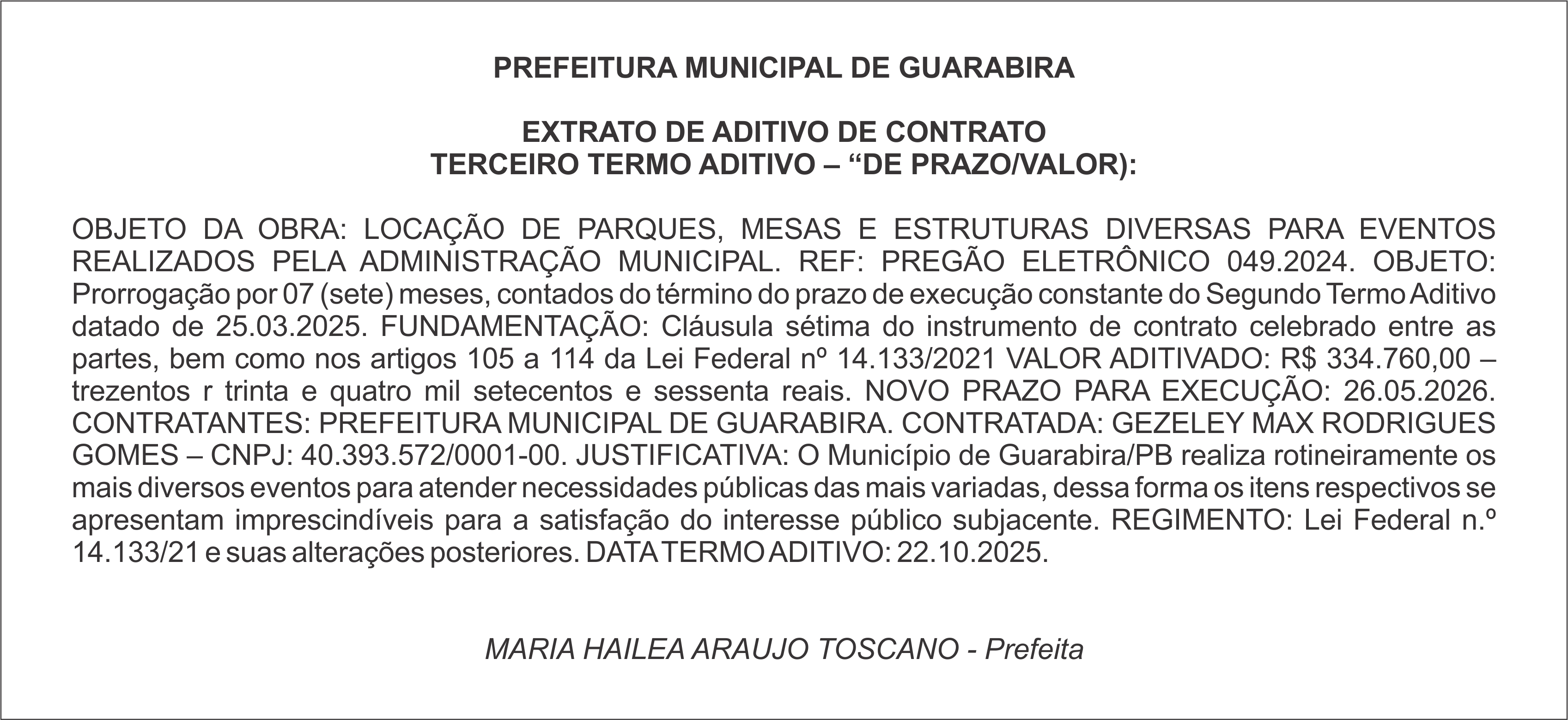PREFEITURA MUNICIPAL DE GUARABIRA – EXTRATO DE ADITIVO DE CONTRATO