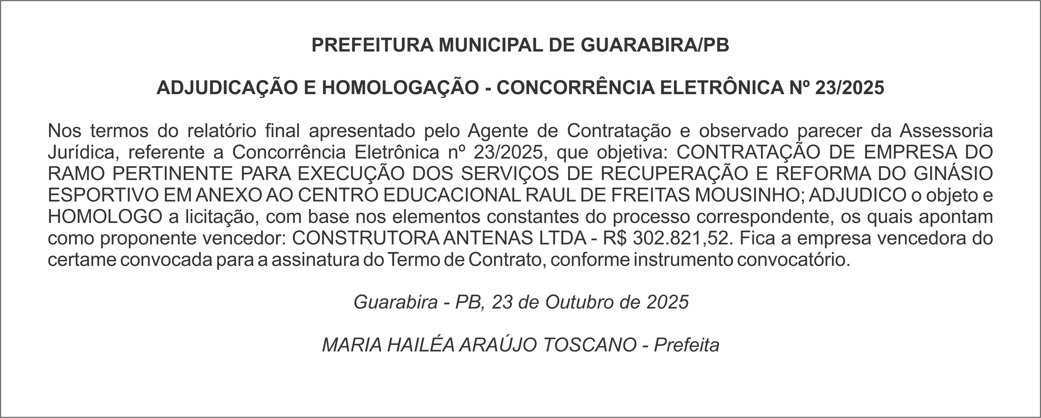 PREFEITURA MUNICIPAL DE GUARABIRA/PB – ADJUDICAÇÃO E HOMOLOGAÇÃO – CONCORRÊNCIA ELETRÔNICA Nº 23/2025