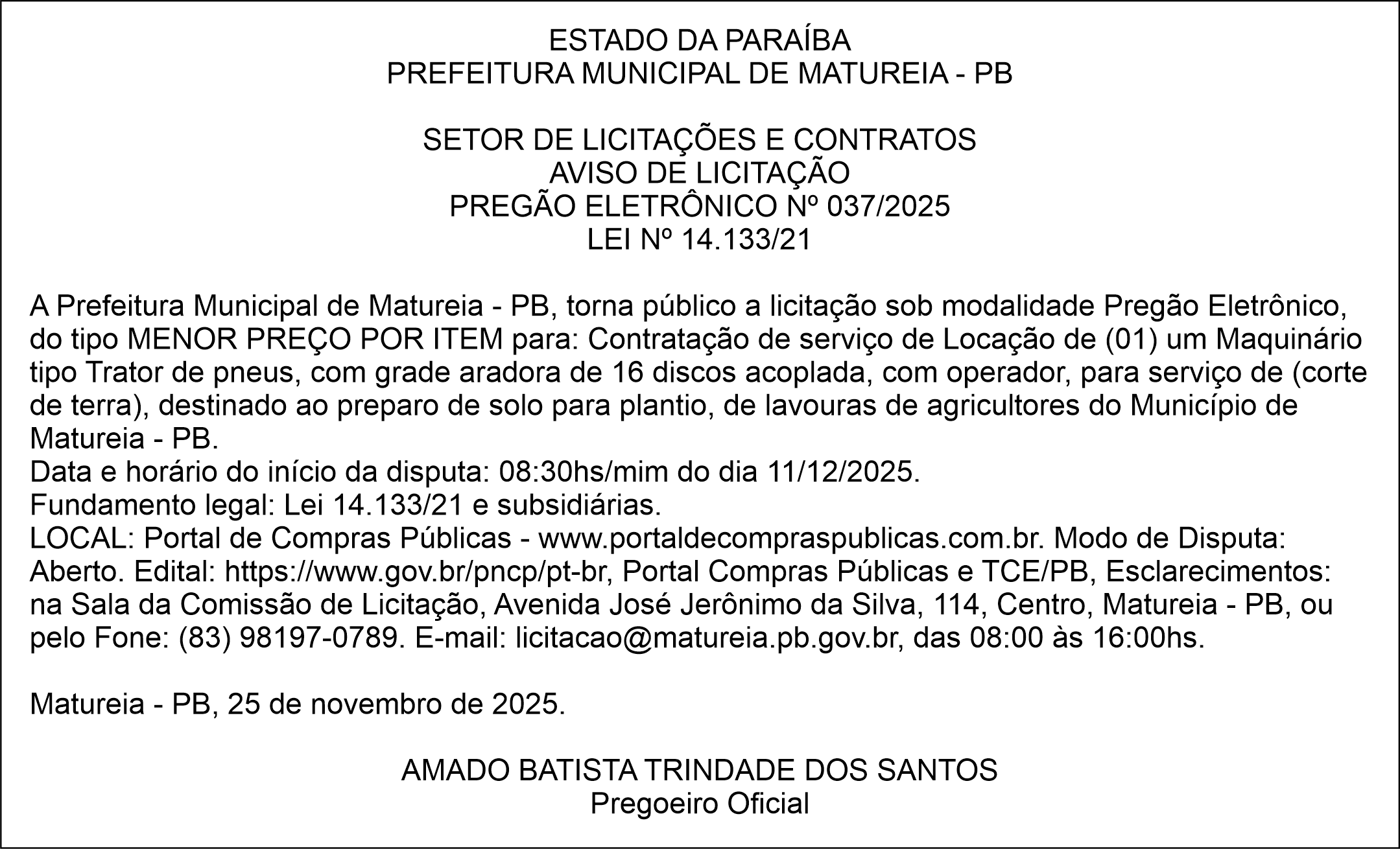 PREFEITURA MUNICIPAL DE MATUREIA – PB – AVISO DE LICITAÇÃO – PREGÃO ELETRÔNICO Nº 037/2025