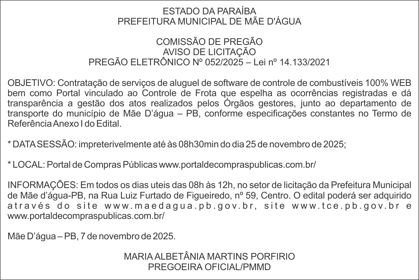 PREFEITURA MUNICIPAL DE MÃE D’ÁGUA – AVISO DE LICITAÇÃO – PREGÃO ELETRÔNICO Nº 052/2025