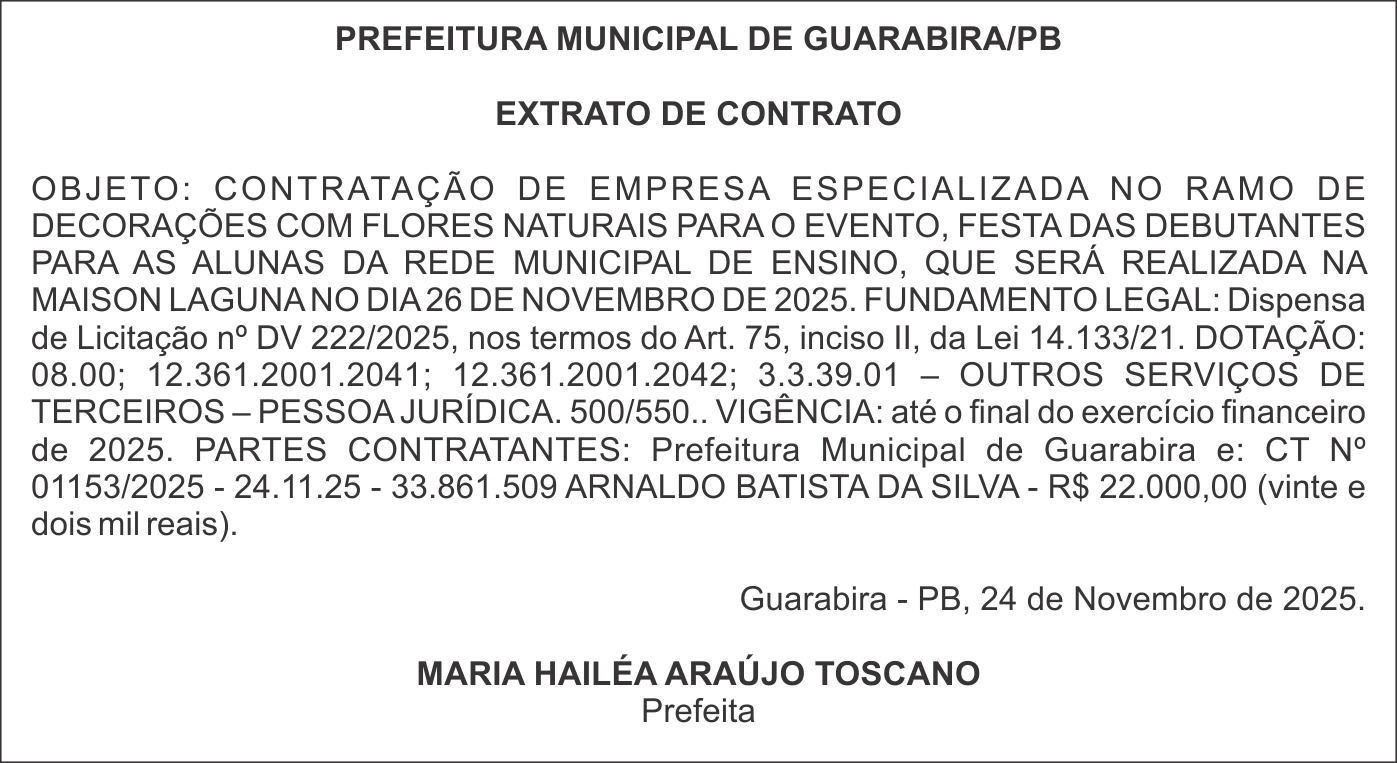 PREFEITURA MUNICIPAL DE GUARABIRA/PB – EXTRATO DE CONTRATO