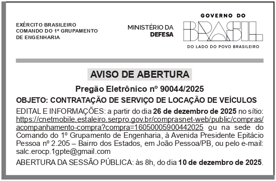 ESCRITÓRIO REGIONAL OPERAÇÃO CARRO PIPA DO 1° GPT E – AVISO PREGÃO SRP 90044/2025