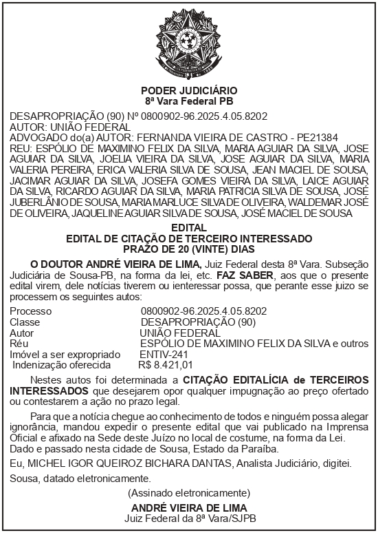 SECRETARIA NACIONAL DE SEGURANÇA HIDRICA – SNSH – MDR – DF – BRASÍLIA – Edital de Citação de Terceiro Interessado – ENTIV-241 (ESPÓLIO DE MAXIMINO FELIX DA SILVA)