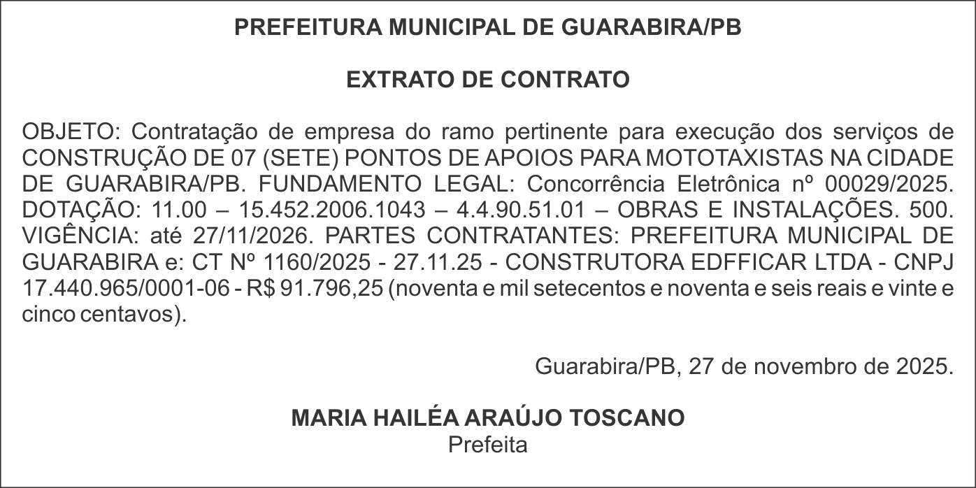 PREFEITURA MUNICIPAL DE GUARABIRA/PB – EXTRATO DE CONTRATO