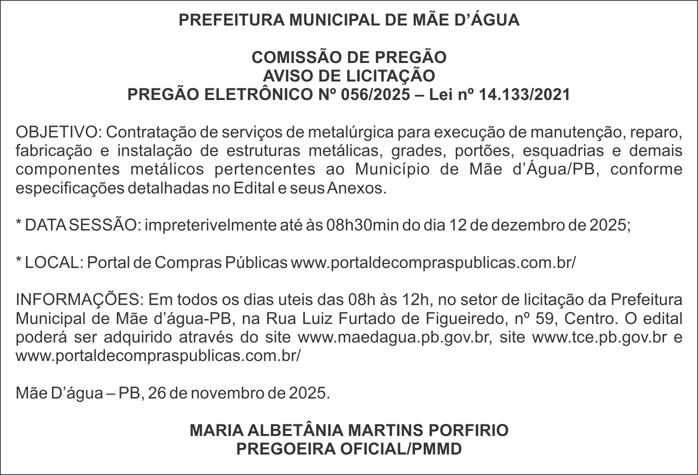 PREFEITURA DE MÃE D’ÁGUA – AVISO DE LICITAÇÃO – PREGÃO ELETRÔNICO Nº 056/2025