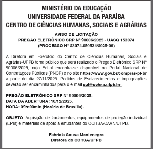 UNIVERSIDADE FEDERAL DA PARAIBA  – PREGÃO ELETRÔNICO SRP No 90006/2025