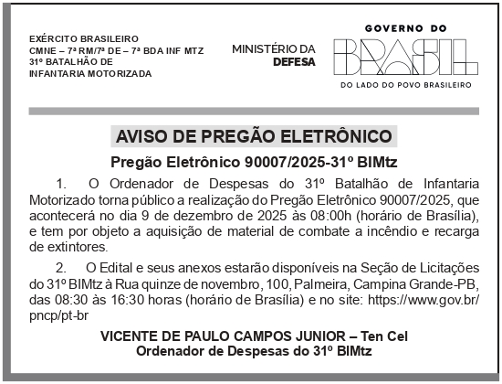 CMDO – 31º B INF MTZ – PB Campina Grande – Aviso de Licitação (Pregão Eletrônico 90007/2025-31o BIMtz)