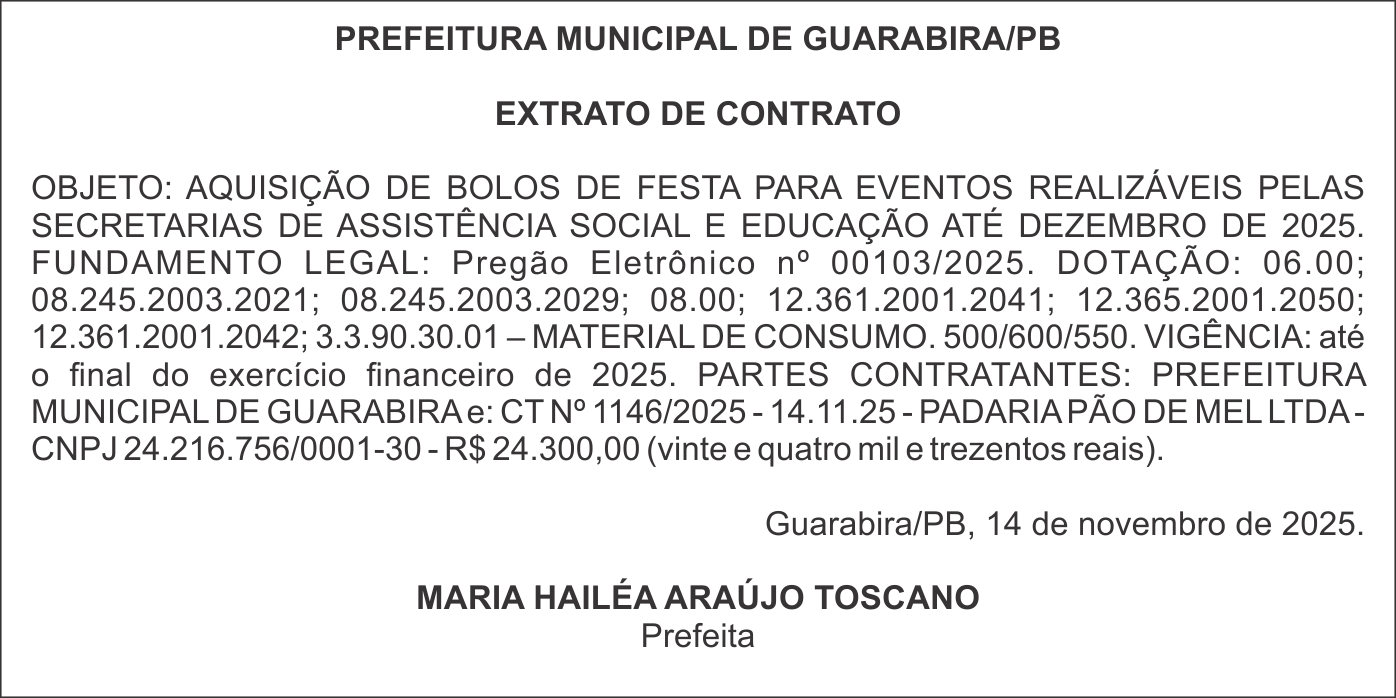 PREFEITURA MUNICIPAL DE GUARABIRA/PB – EXTRATO DE CONTRATO