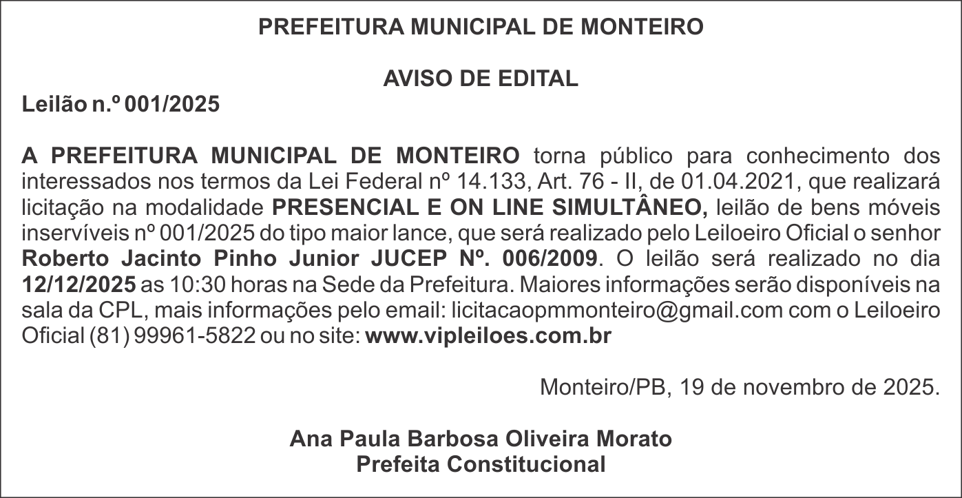 PREFEITURA DE MONTEIRO – AVISO DE EDITAL – Leilão n.º 001/2025