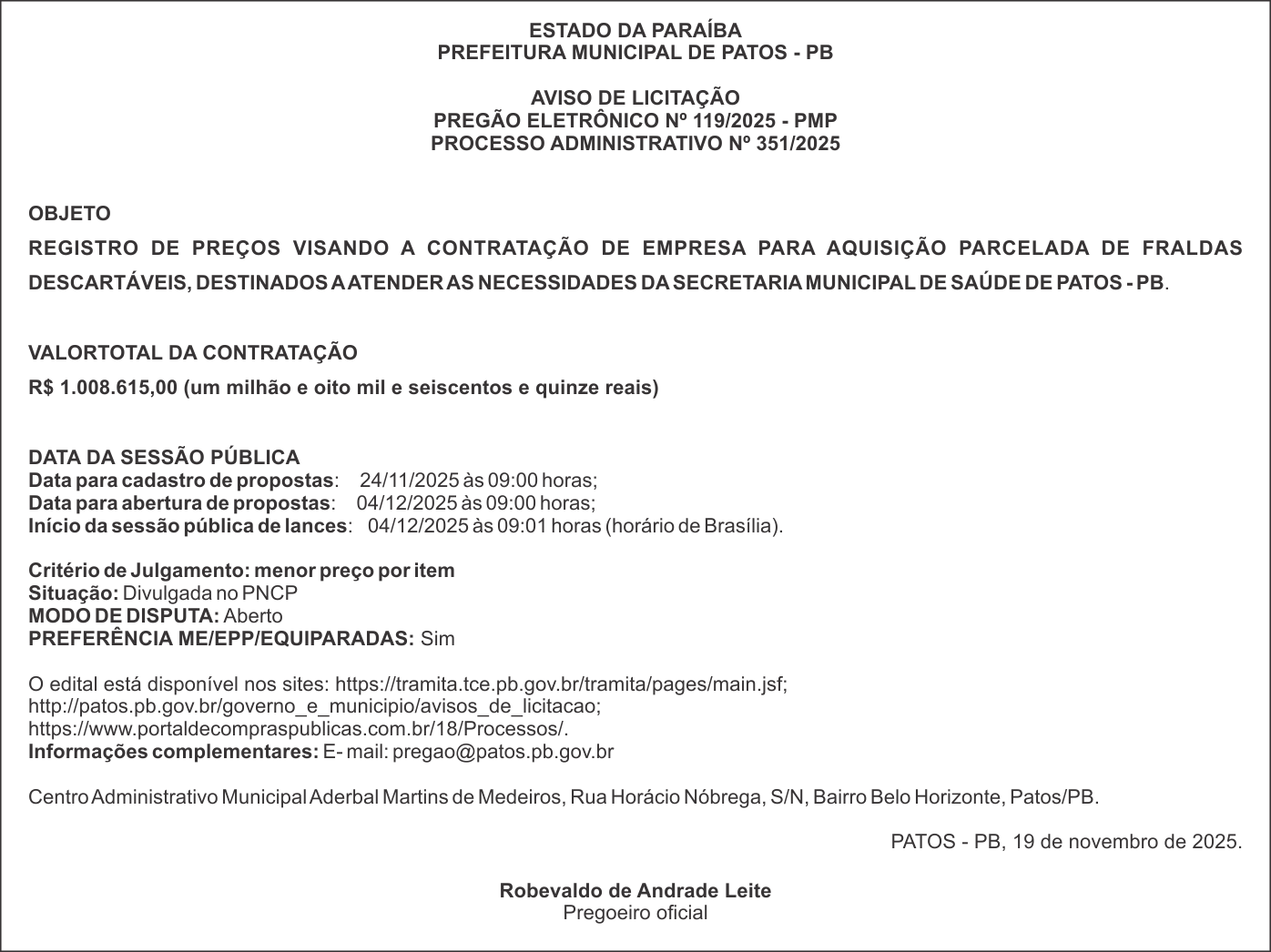 PREFEITURA MUNICIPAL DE PATOS – PB – PREGÃO ELETRÔNICO Nº 119/2025 – PMP