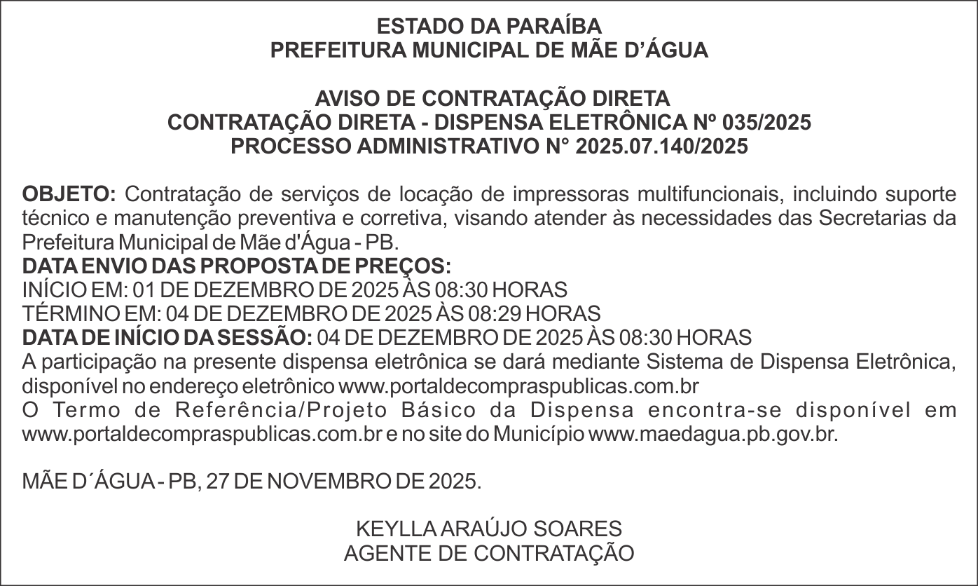 PREFEITURA DE MÃE D’ÁGUA – CONTRATAÇÃO DIRETA – DISPENSA ELETRÔNICA No 035/2025