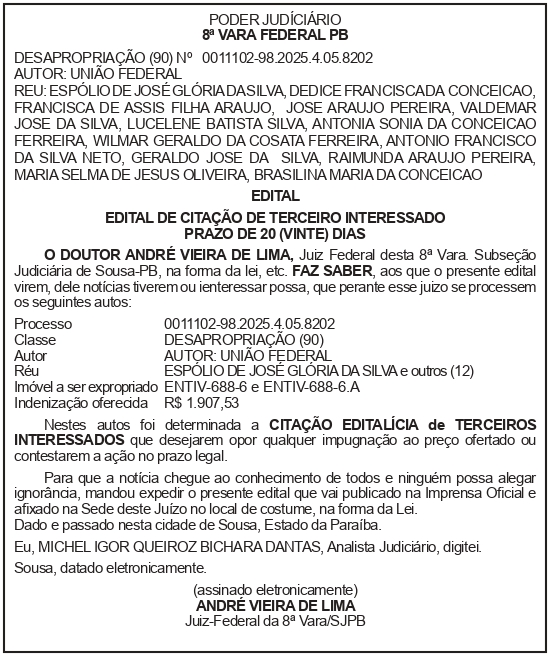 SECRETARIA NACIONAL DE SEGURANÇA HIDRICA – SNSH – MDR – DF – BRASÍLIA – Edital de Citação de Terceiros Interessados – ENTIV-688-6 – ENTIV-688-6.A (ESPOLIO DE JOSÉ GLORIA DA SILVA)