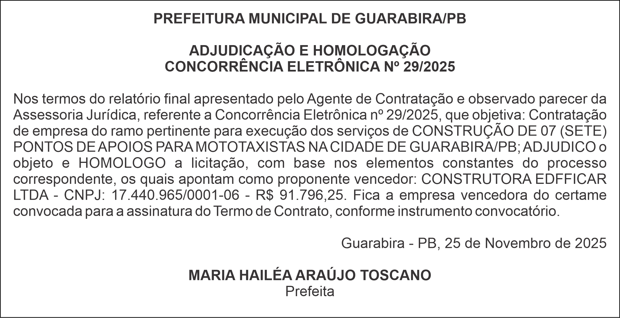 PREFEITURA MUNICIPAL DE GUARABIRA/PB – ADJUDICAÇÃO E HOMOLOGAÇÃO – CONCORRÊNCIA ELETRÔNICA Nº 29/2025
