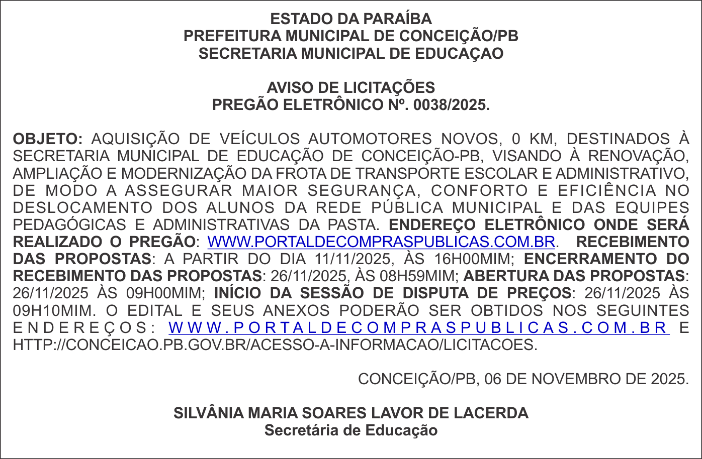 PREFEITURA MUNICIPAL DE CONCEIÇÃO – PREGÃO ELETRÔNICO Nº. 0038/2025