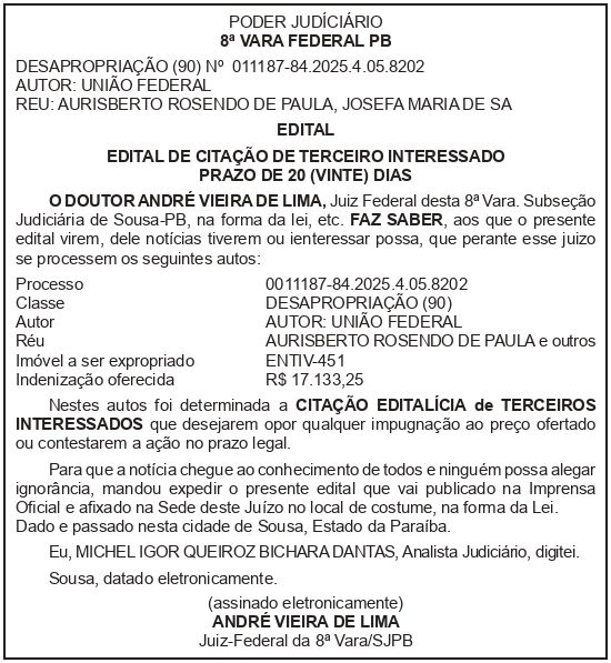 SECRETARIA NACIONAL DE SEGURANÇA HIDRICA – SNSH – MDR – DF – BRASÍLIA – Edital de Citação de Terceiros Interessados – ENTIV-451 (AURISBERTO ROSENDO DE PAULA)