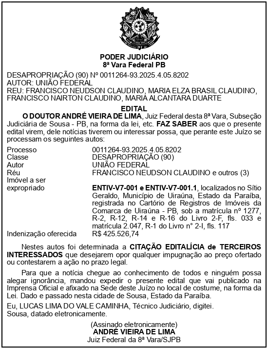 SECRETARIA NACIONAL DE SEGURANÇA HIDRICA – SNSH – MDR – DF – BRASÍLIA – Edital de Citação de Terceiro Interessado – ENTIV-V7-001 e ENTIV-V7- 001.1(FRANCISCO NEUDSON CLAUDINO)