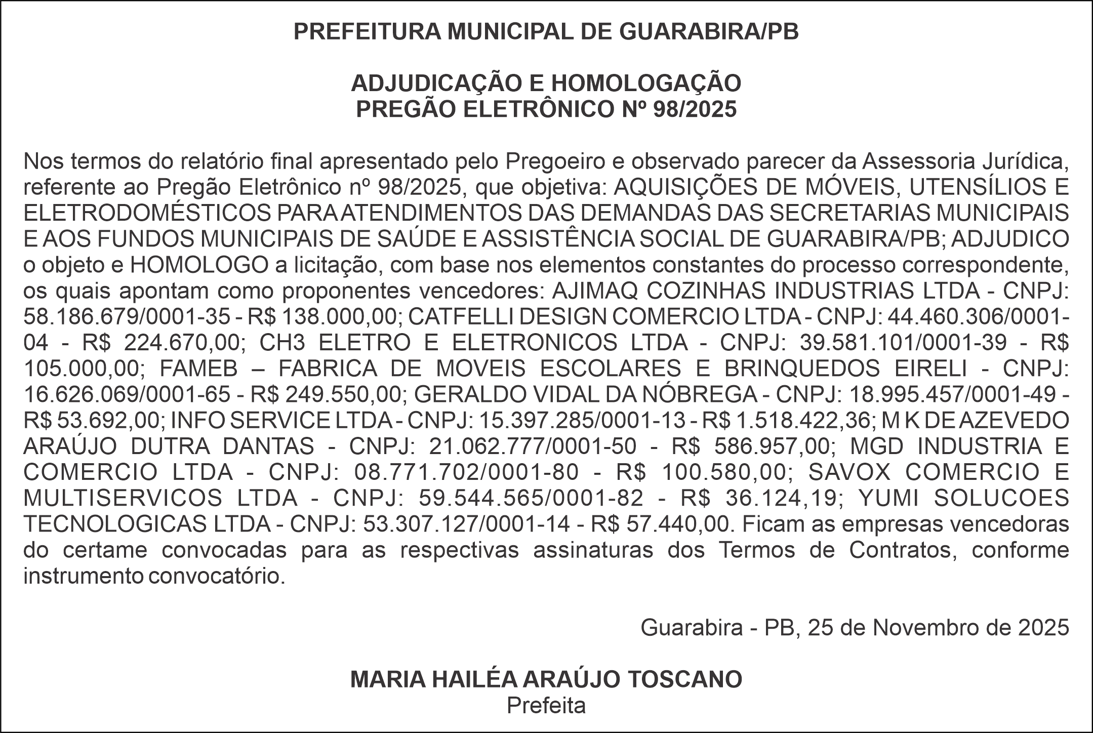 PREFEITURA MUNICIPAL DE GUARABIRA/PB – ADJUDICAÇÃO E HOMOLOGAÇÃO – PREGÃO ELETRÔNICO Nº 98/2025
