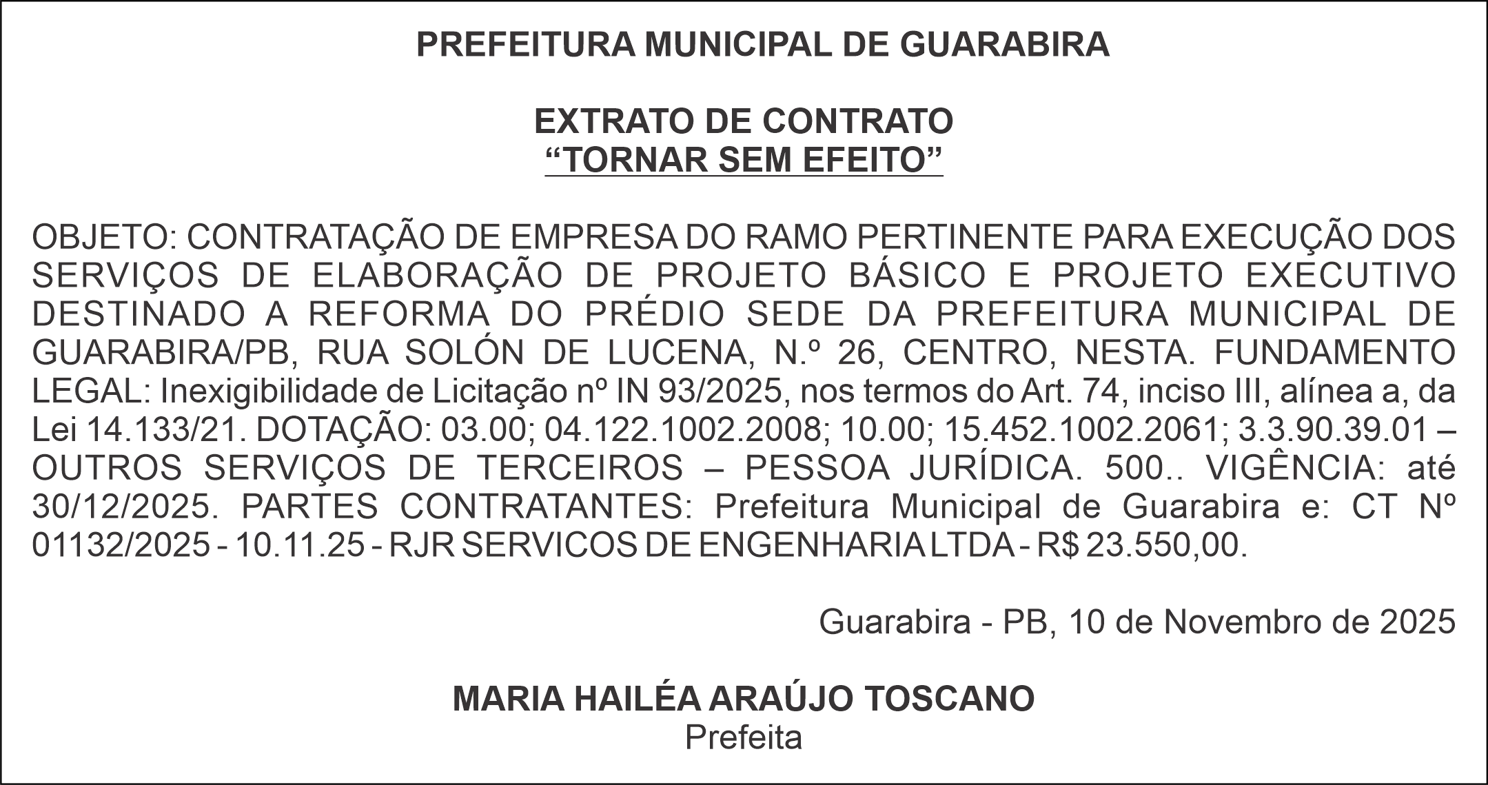 PREFEITURA MUNICIPAL DE GUARABIRA – EXTRATO DE CONTRATO “TORNAR SEM EFEITO”