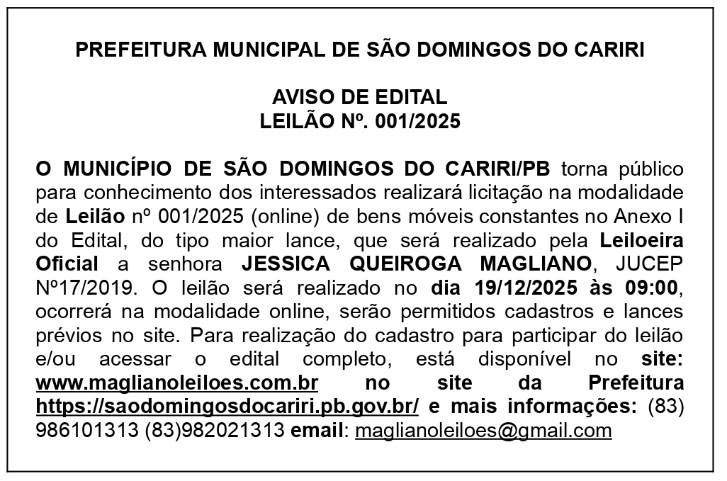 PREFEITURA MUNICIPAL DE SÃO DOMINGOS DO CARIRI – AVISO DE EDITAL  LEILÃO Nº. 001/2025